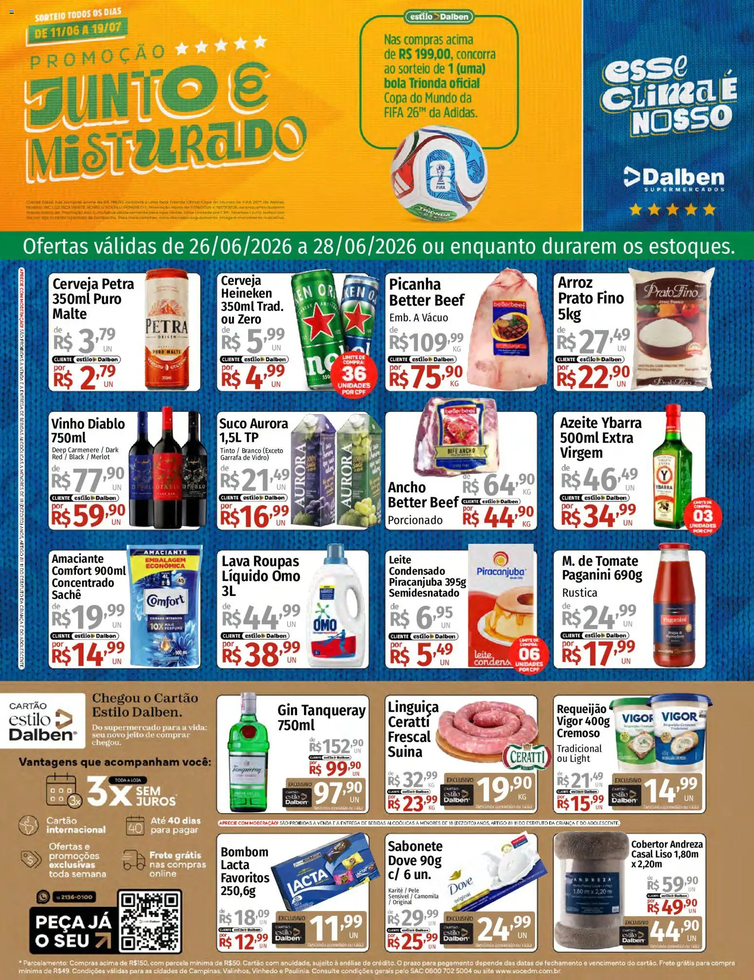 Supermercado Dalben Folheto - válido de 26/06/2026 | Página: 1 | Produtos: Picanha, Leite, Roupas, Amaciante