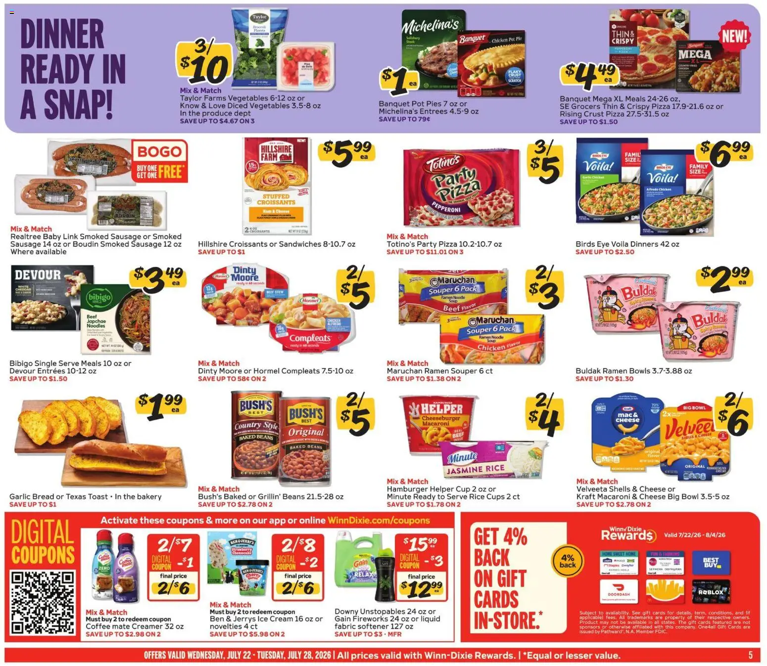 Winn Dixie Weekly Ad - valid from 07/22/2026 | Page: 5 | Products: Broccoli, Coffee, Pizza, Rice