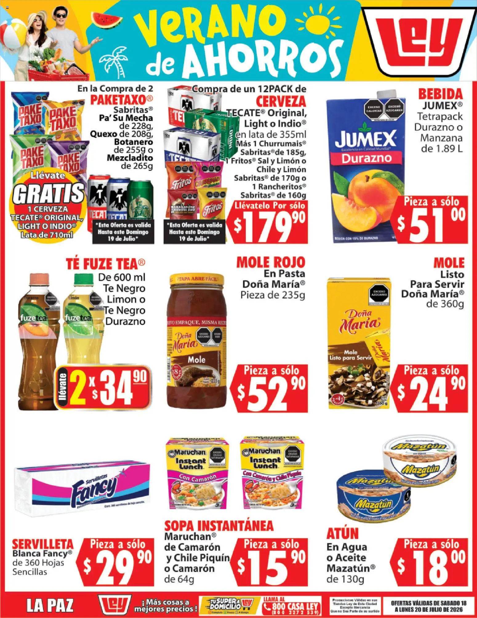 Nuevas ofertas de Casa Ley válidas en toda la República Mexicana desde el 18/07/2026. ¡Encuentra las mejores ofertas en Casa Ley folleto Verano de ahorros! | Página: 4 | Productos: Sopa, Aceite, Té, Servilletas