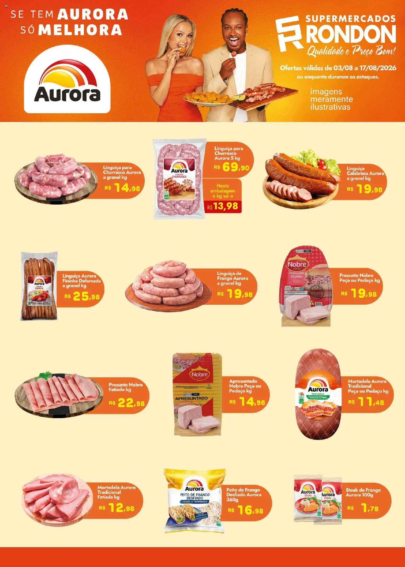 Supermercados Rondon Folheto - válido de 03/08/2026 | Página: 1 | Produtos: Linguiça, Mortadela, Frango, Peito de frango