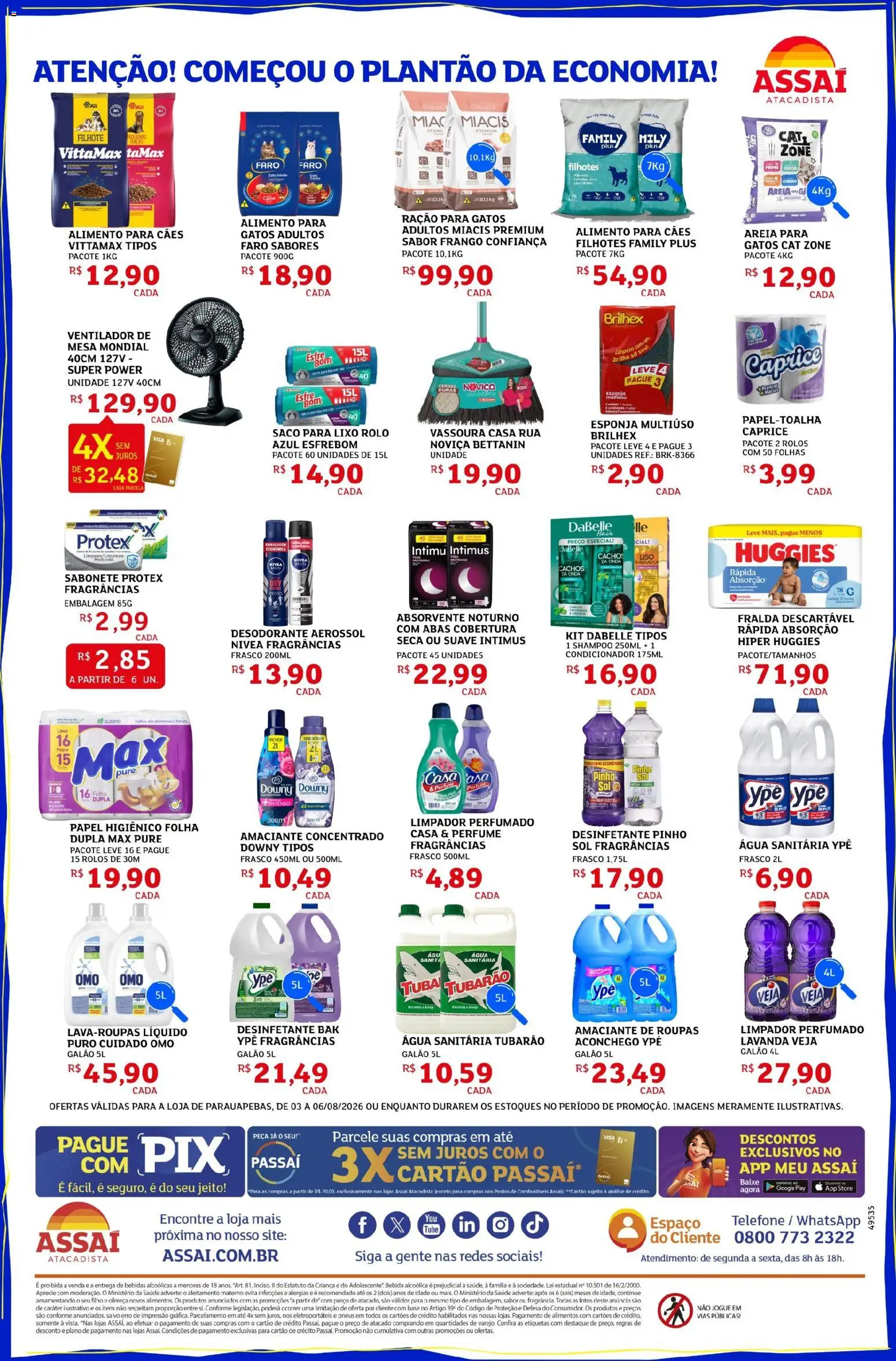 Assaí Atacadista Folheto - válido de 03/08/2026 | Página: 4 | Produtos: Saco para lixo, Esponja, Papel higiênico, Água sanitária