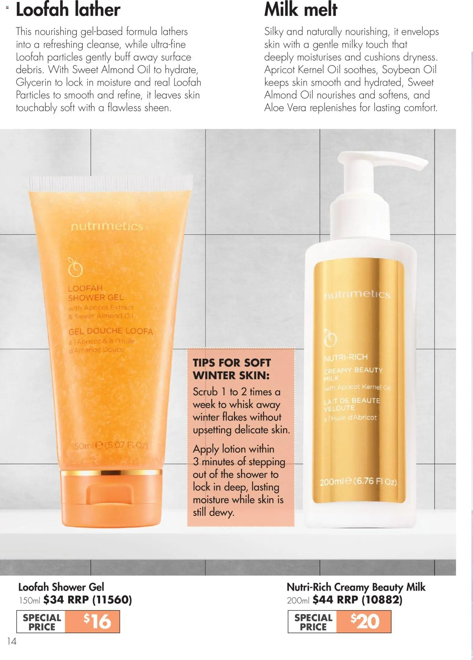 Nutrimetics catalogue - valid from 26.05.2026 | Page: 14 | Products: Shower, Scrub, Shower gel, Flakes