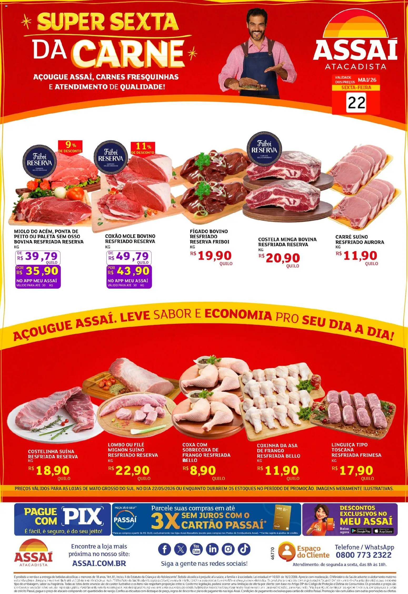 Assaí Atacadista Folheto - válido de 22.05.2026 | Página: 1 | Produtos: Linguiça, Lombo, Bebida, Frango