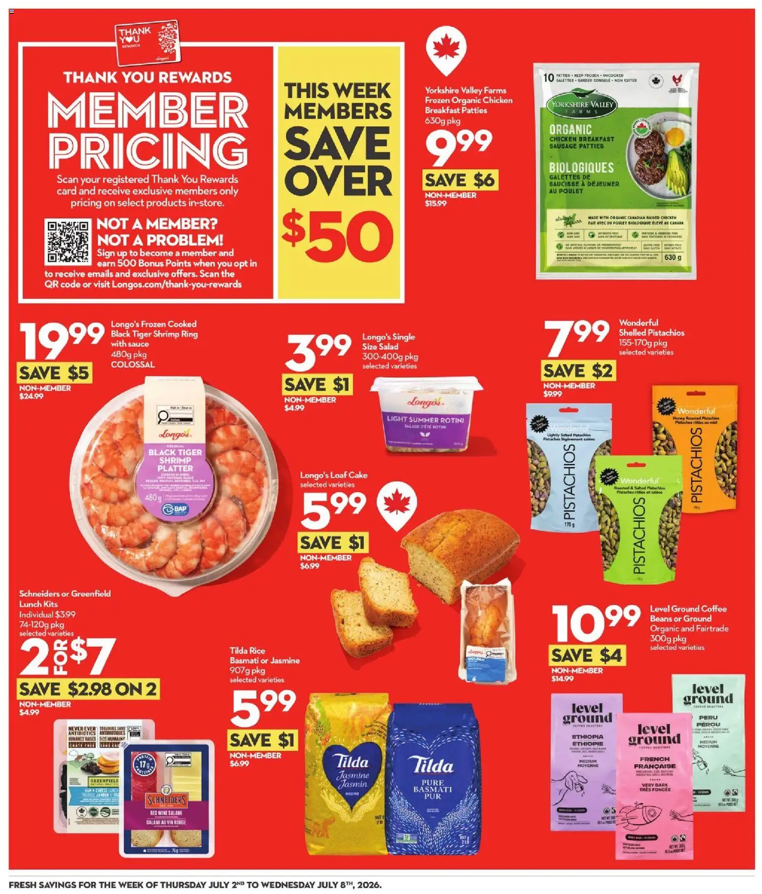 Longo's flyer valid from Jul 2, 2026 | Page: 7 | Products: Cheese, Coffee, Ham, Chicken