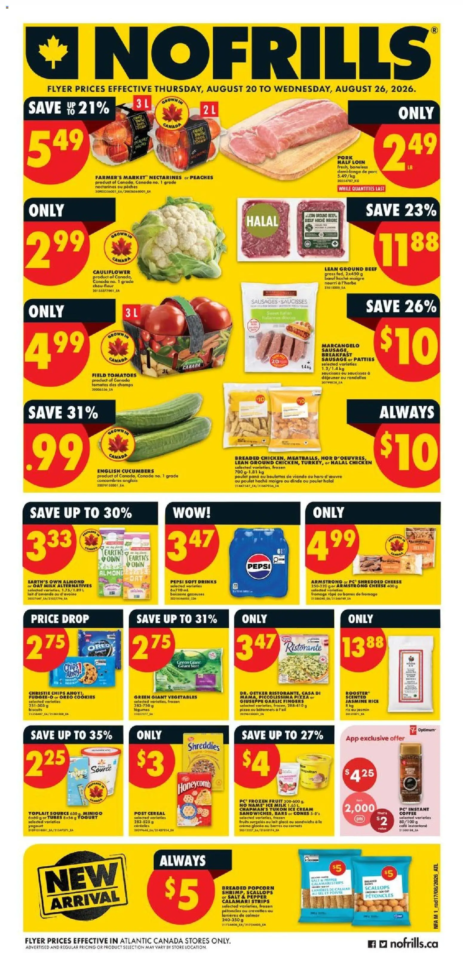 No Frills flyer valid from Aug 20, 2026 | Page: 1 | Products: Chips, Sausages, Tubes, Strips