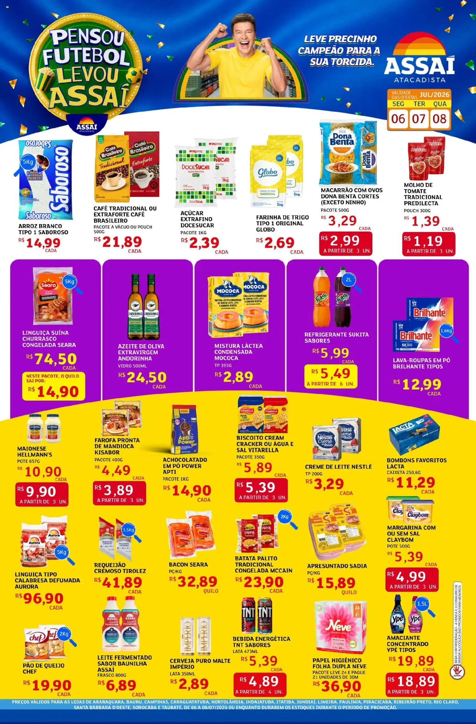 Assaí Atacadista Folheto - válido de 06/07/2026 | Página: 1 | Produtos: Mandioca, Café, Azeite, Requeijão