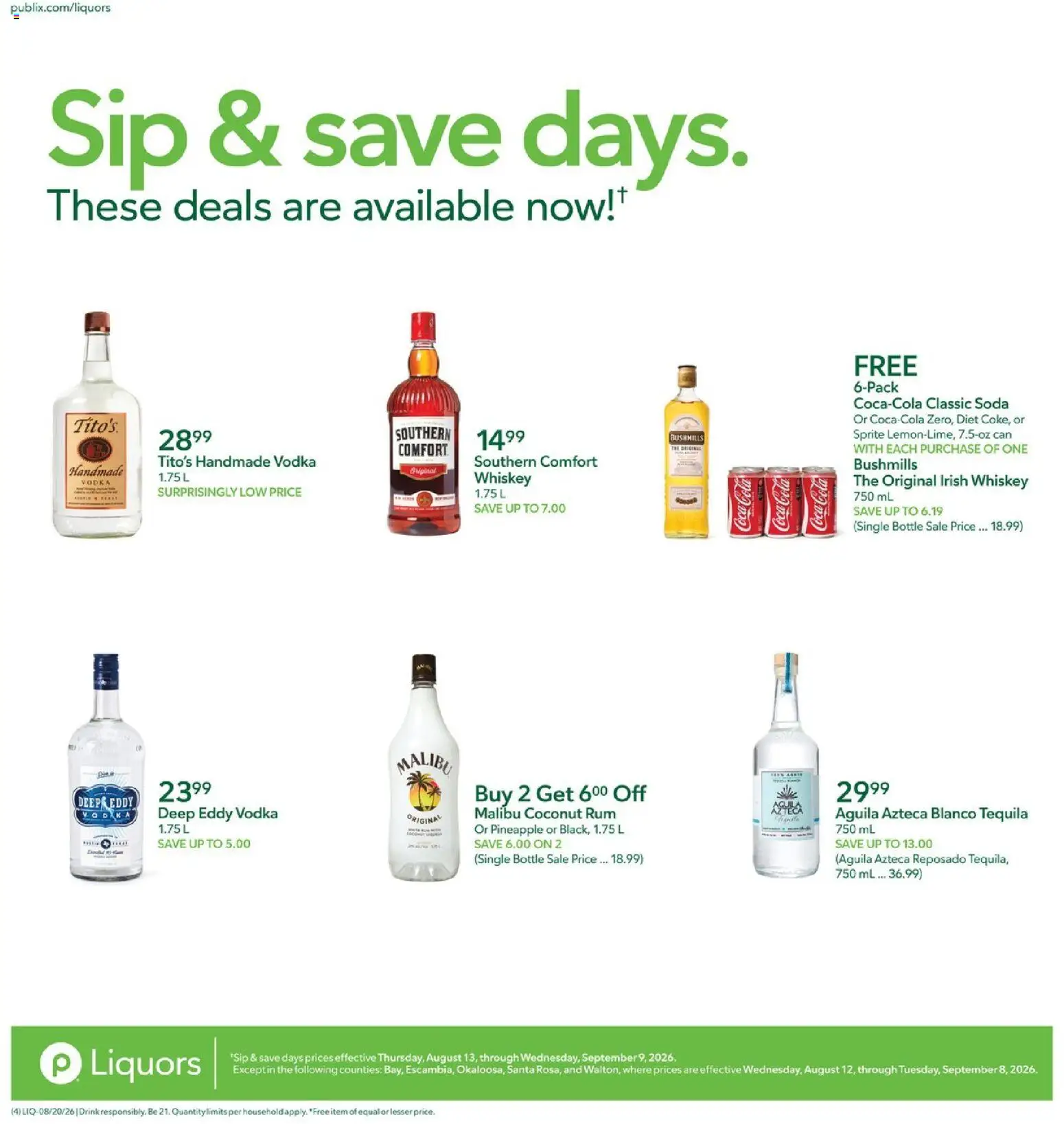 Publix Liquor Ad - valid from 08/20/2026 | Page: 4 | Products: Irish whiskey, Malibu, Pineapple, Whiskey