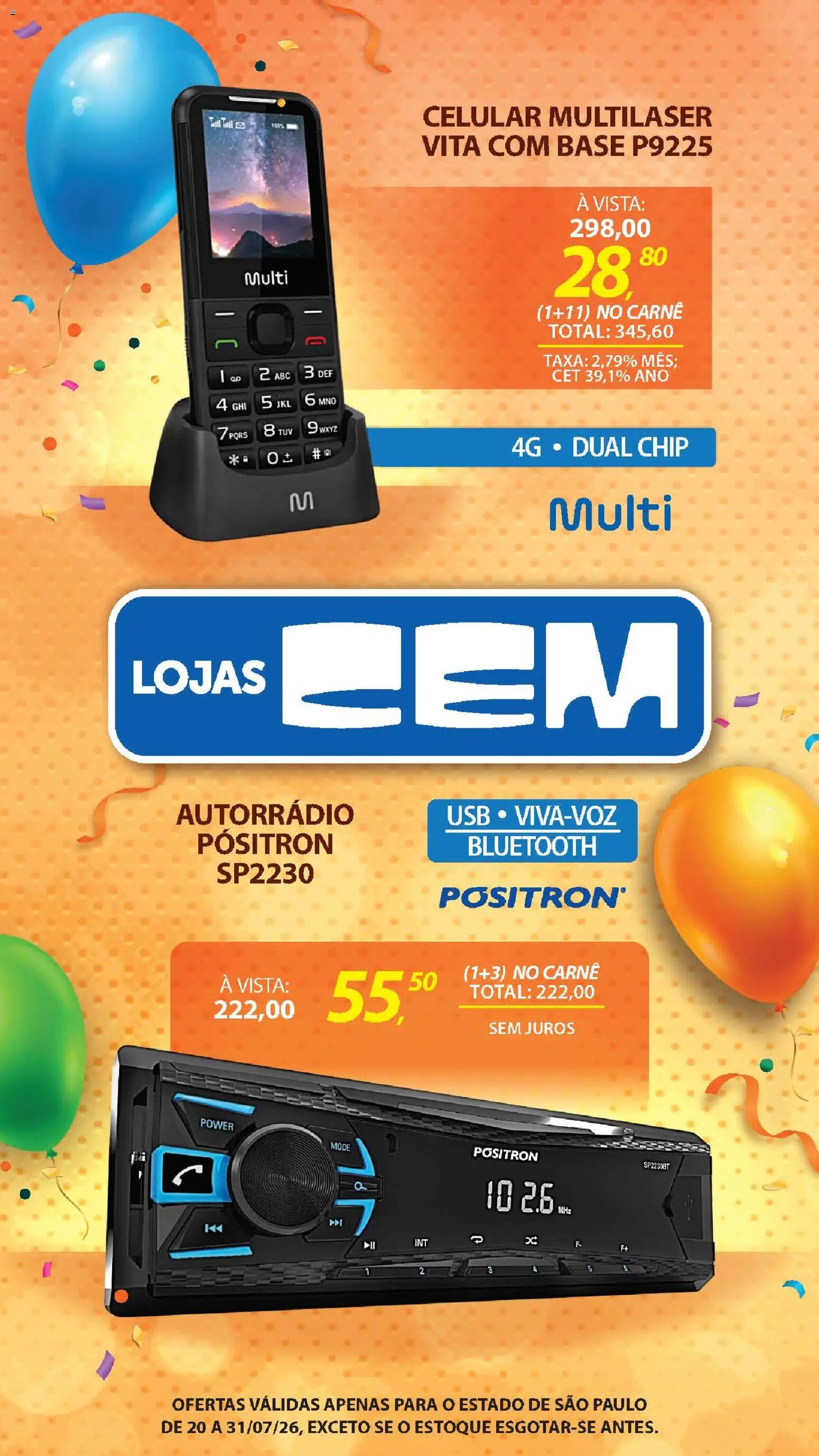 Lojas Cem Folheto - válido de 20/07/2026 | Página: 54 | Produtos: Celular, Base, Carne, USB