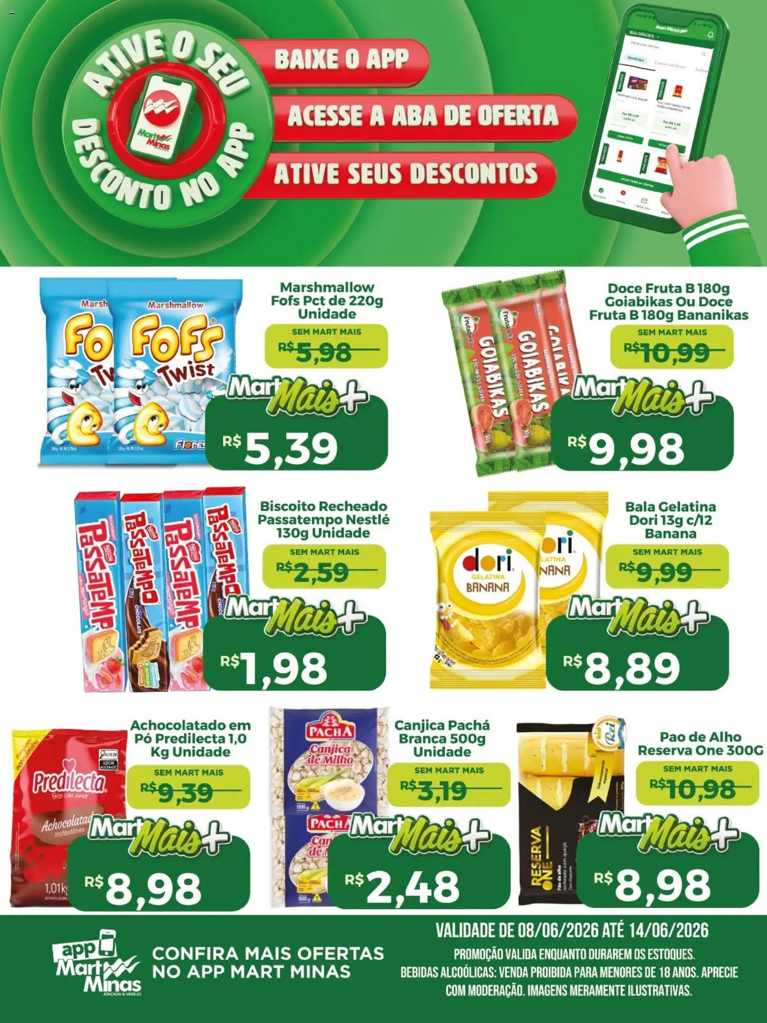 Mart Minas Folheto - válido de 08.06.2026 | Página: 1 | Produtos: Biscoito, Açúcar, Biscoito recheado, Bala