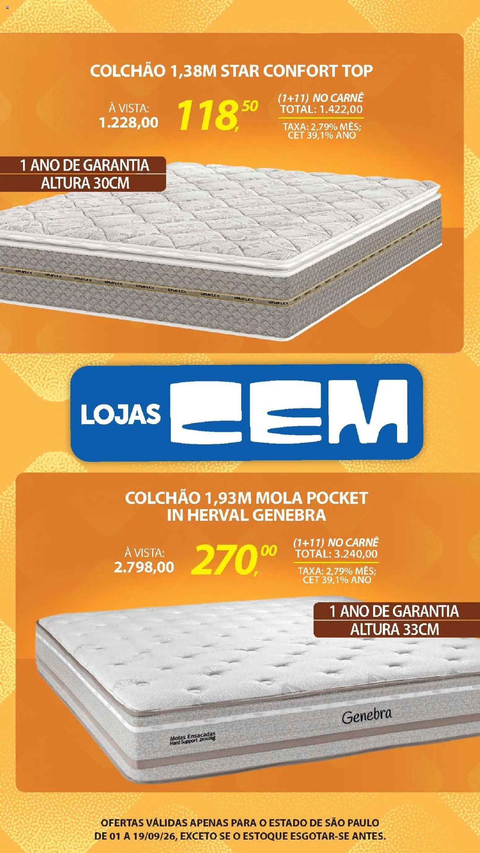 Lojas Cem Folheto - válido de 01/09/2026 | Página: 22 | Produtos: Colchão, Carne