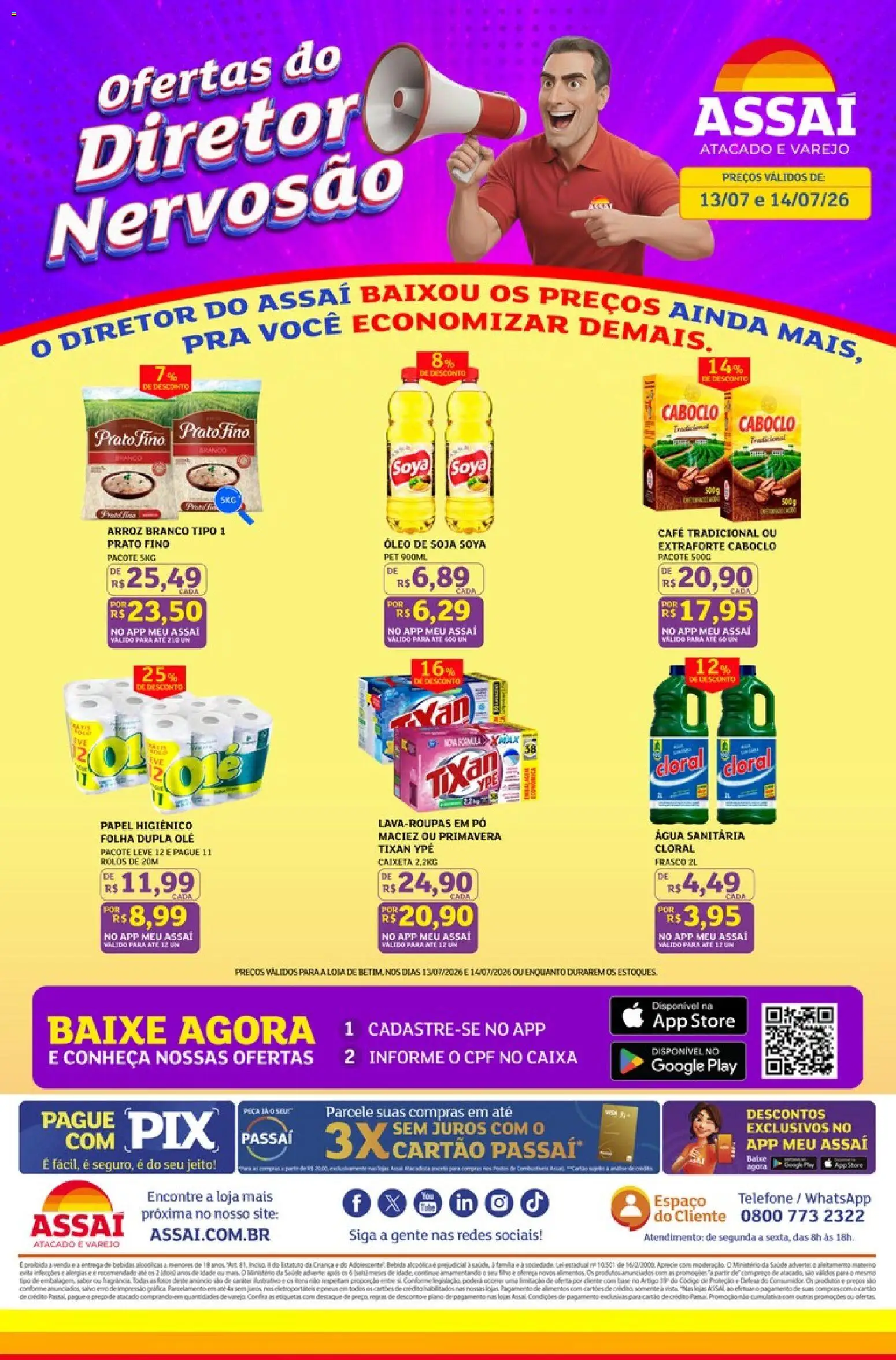 Assaí Atacadista Folheto - válido de 13/07/2026 | Página: 1 | Produtos: Caixa, Arroz, Papel higiênico, Água sanitária
