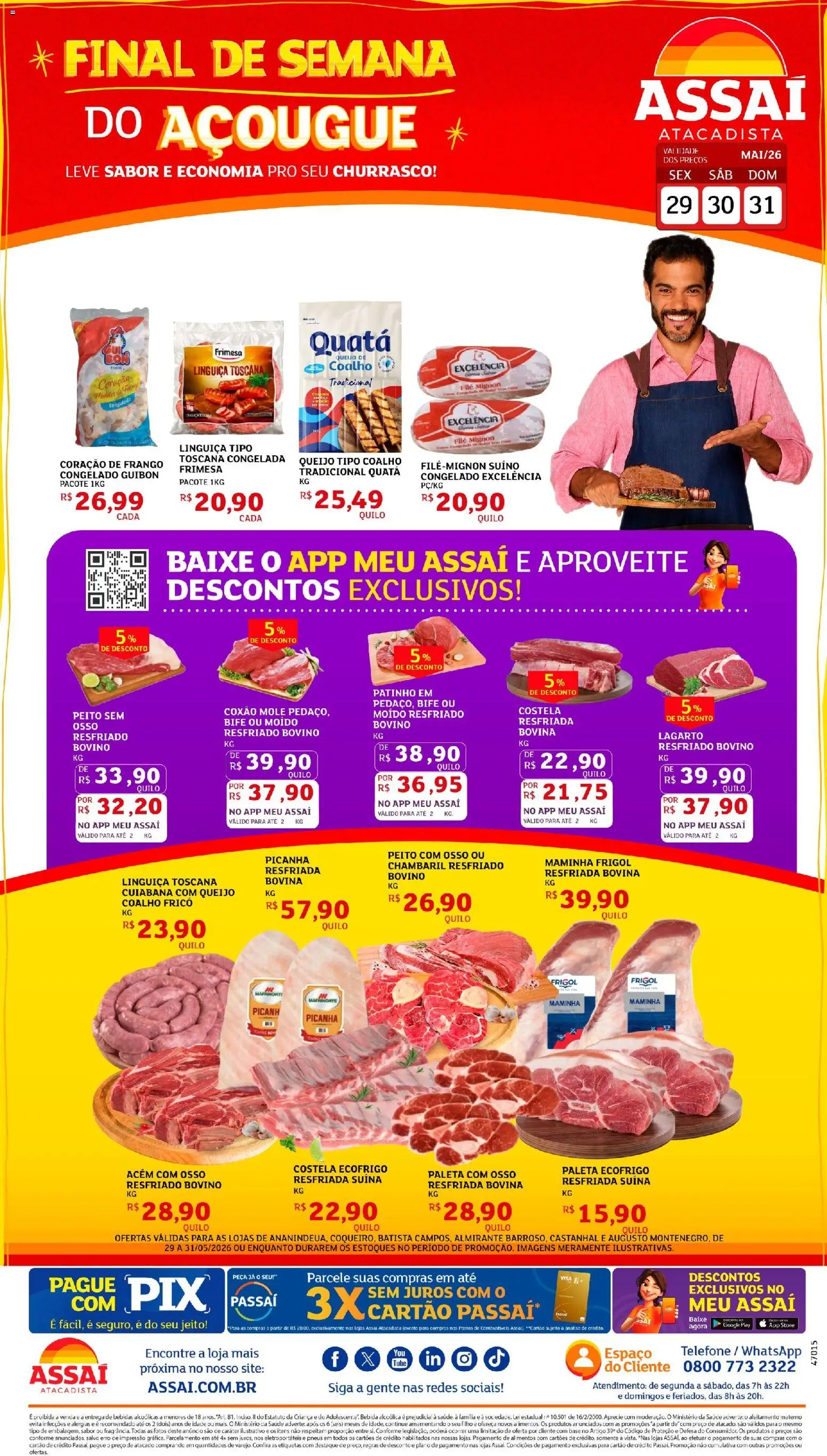 Assaí Atacadista Folheto - válido de 29.05.2026 | Página: 1 | Produtos: Linguiça, Queijo, Telefone, Frango