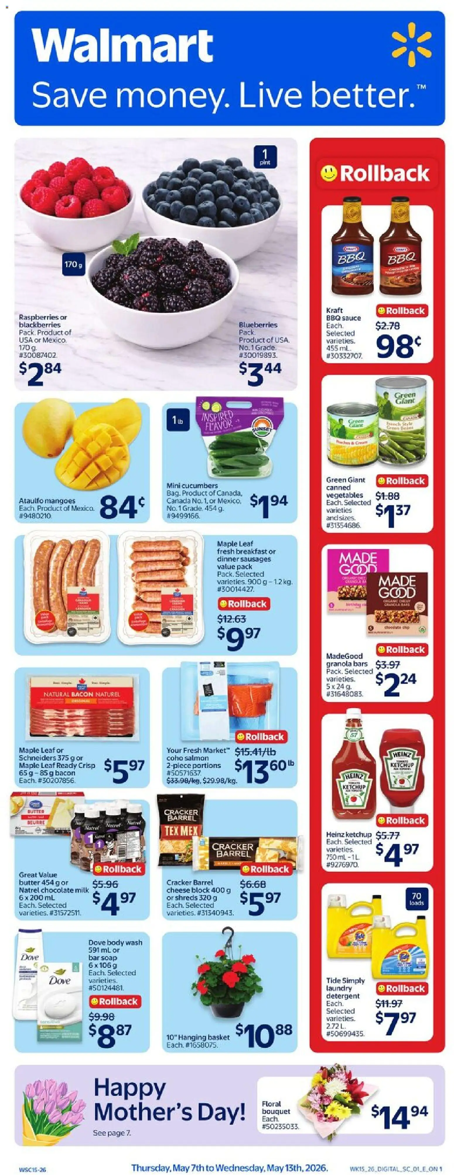 Walmart flyer valid from 07.05.2026 | Page: 1 | Products: Body wash, Basket, Butter, Cheese