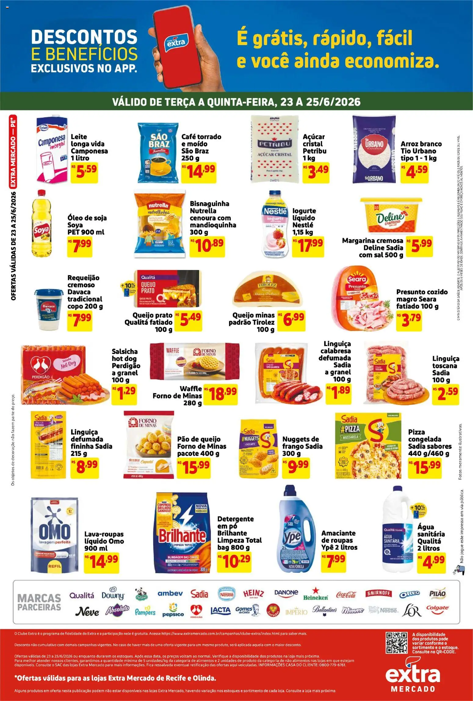 Extra Folheto - válido de 23/06/2026 | Página: 2 | Produtos: Linguiça, Requeijão, Mussarela, Amaciante