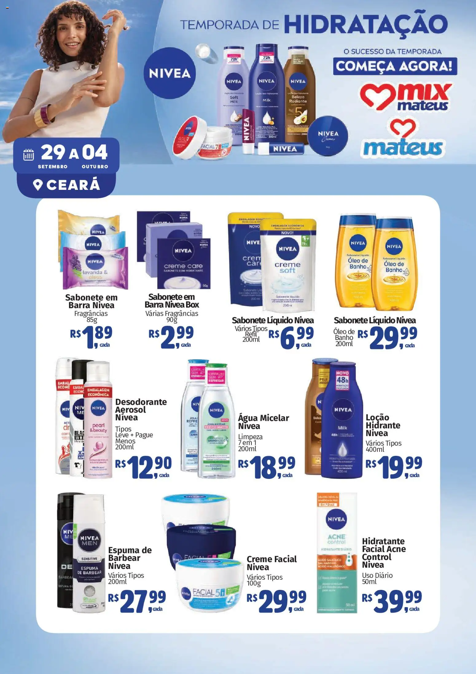 Mateus Folheto - válido de 29/09/2026 | Página: 1 | Produtos: Creme facial, Água micelar, Desodorante, Água