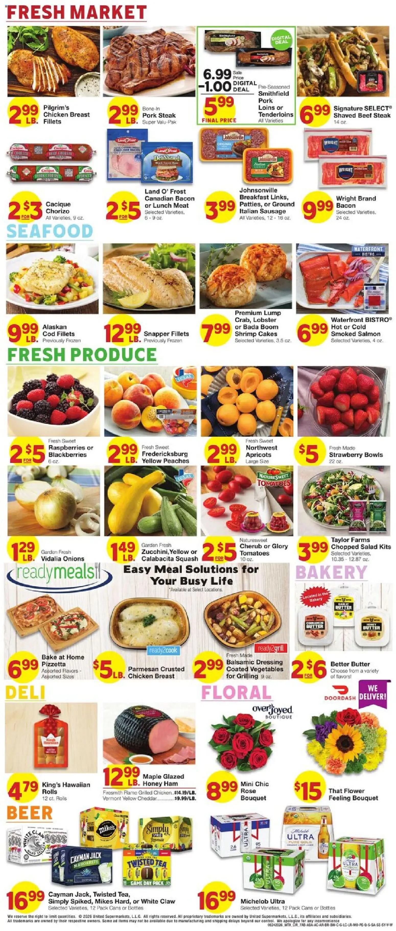 United Supermarkets Weekly Ad - valid from 06/24/2026 | Page: 7 | Products: Peaches, Beer, Tomatoes, Vegetables