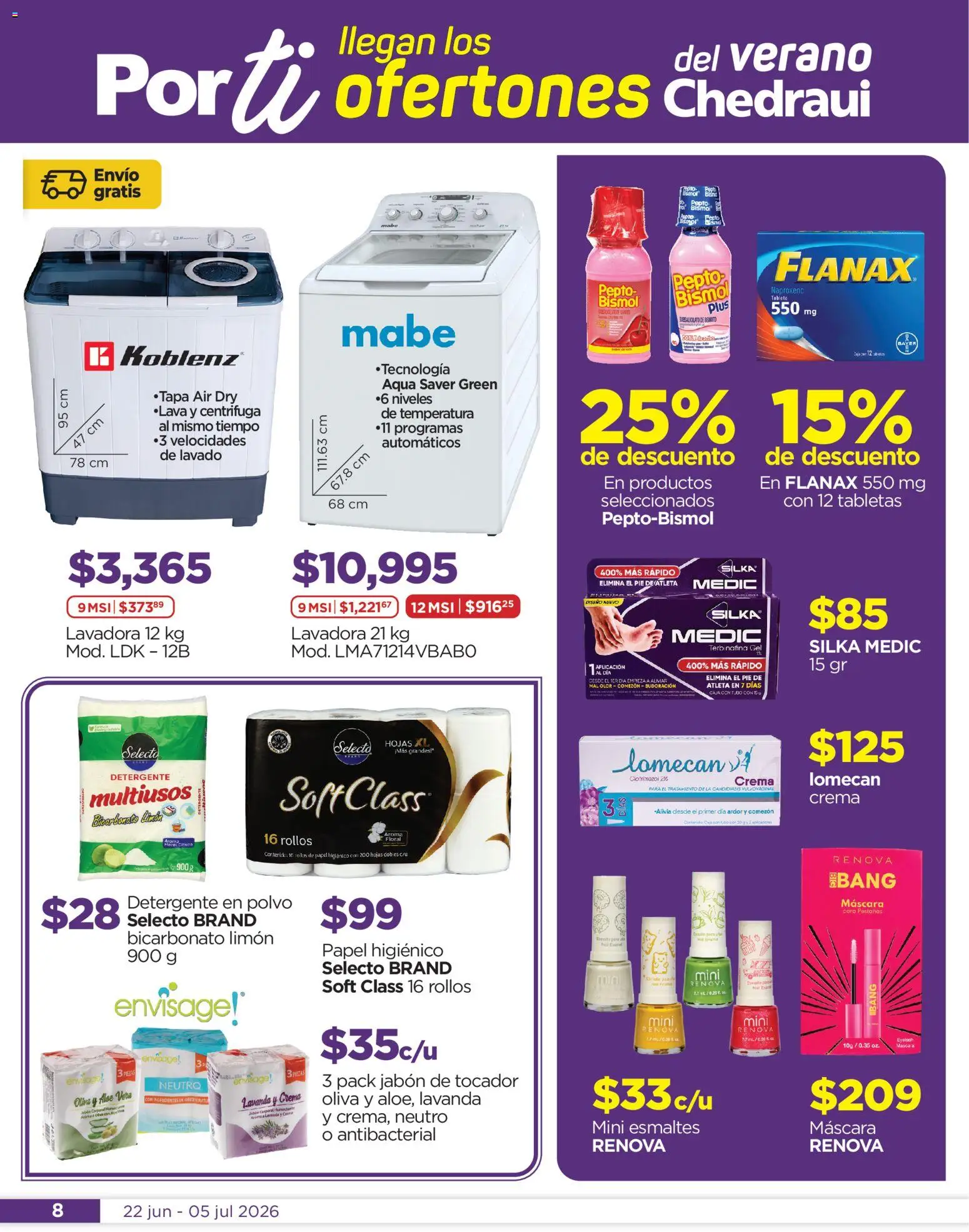 Nuevas ofertas de Chedraui válidas en toda la República Mexicana desde el 22/06/2026. ¡Encuentra las mejores ofertas en Chedraui folleto Llegan los porti ofertones del verano! | Página: 8 | Productos: Crema, Papel higiénico, Polvo, Jabón