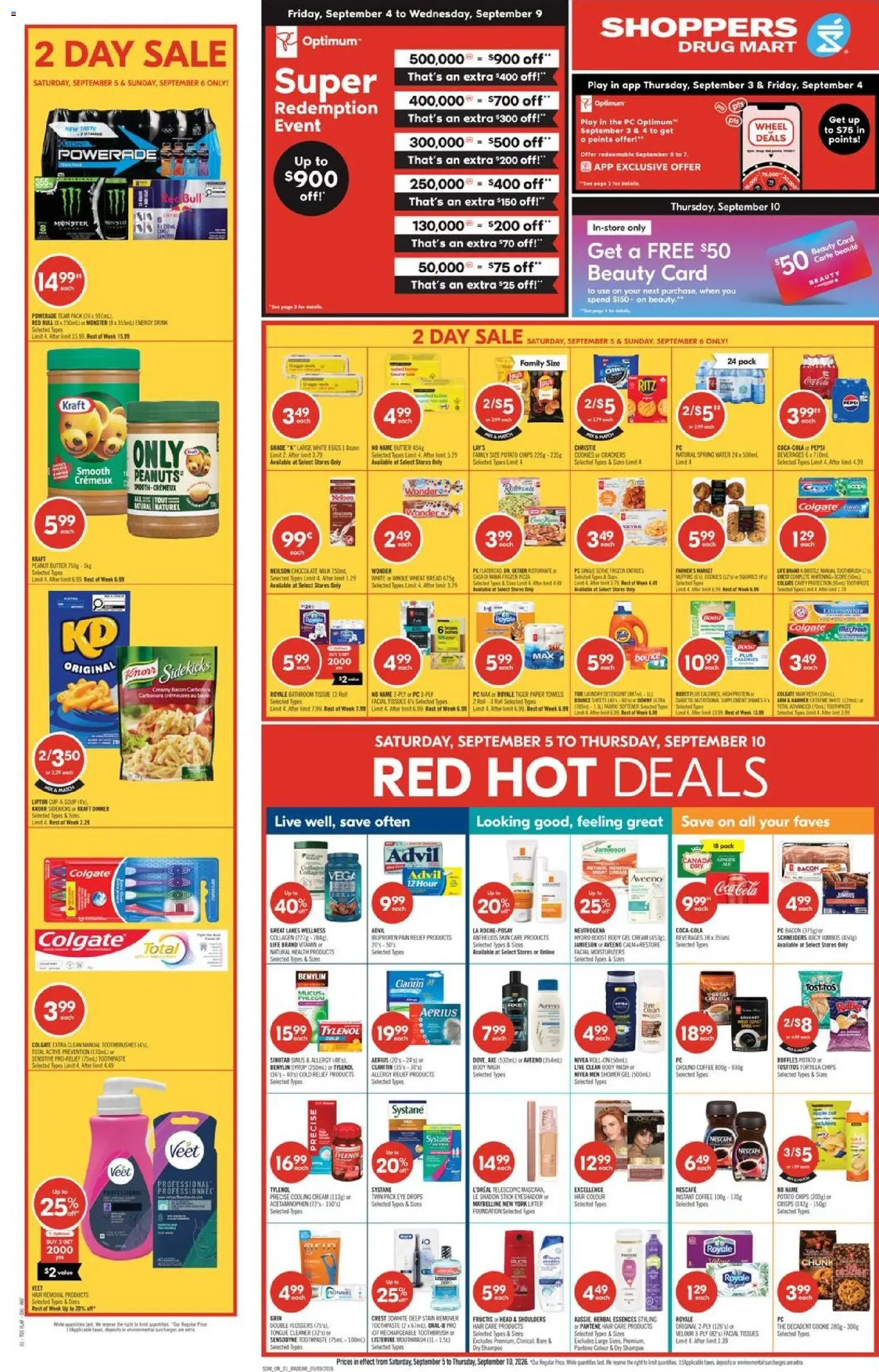 Shoppers flyer valid from Sep 5, 2026 | Page: 1 | Products: Towels, Tissues, Detergent, Energy drink