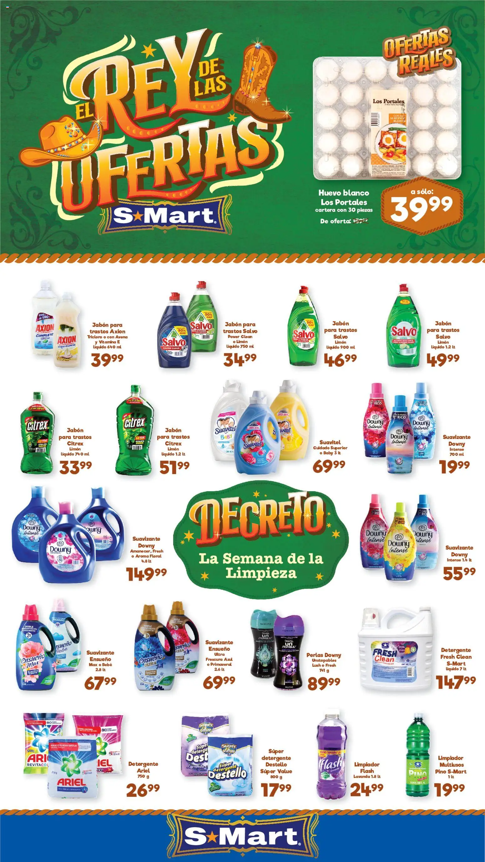 Nuevas ofertas de S-Mart válidas en toda la República Mexicana desde el 28/07/2026. ¡Encuentra las mejores ofertas en S-Mart folleto Ofertas de feria Chihuahua! | Página: 1 | Productos: Detergente, Huevo, Suavizante, Jabón