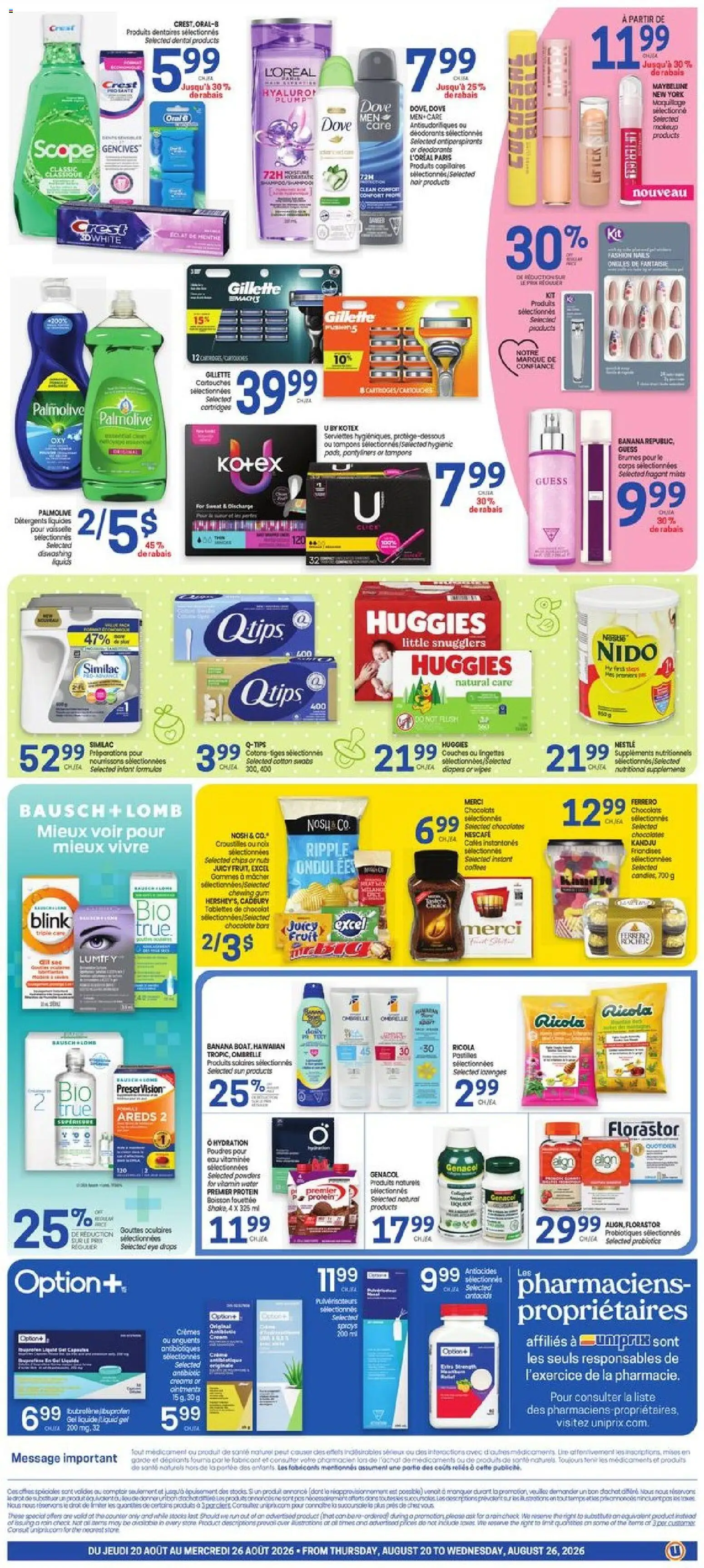 Uniprix flyer valid from Aug 20, 2026 | Page: 2 | Products: Chips, Water, Cotton swabs, Chocolate