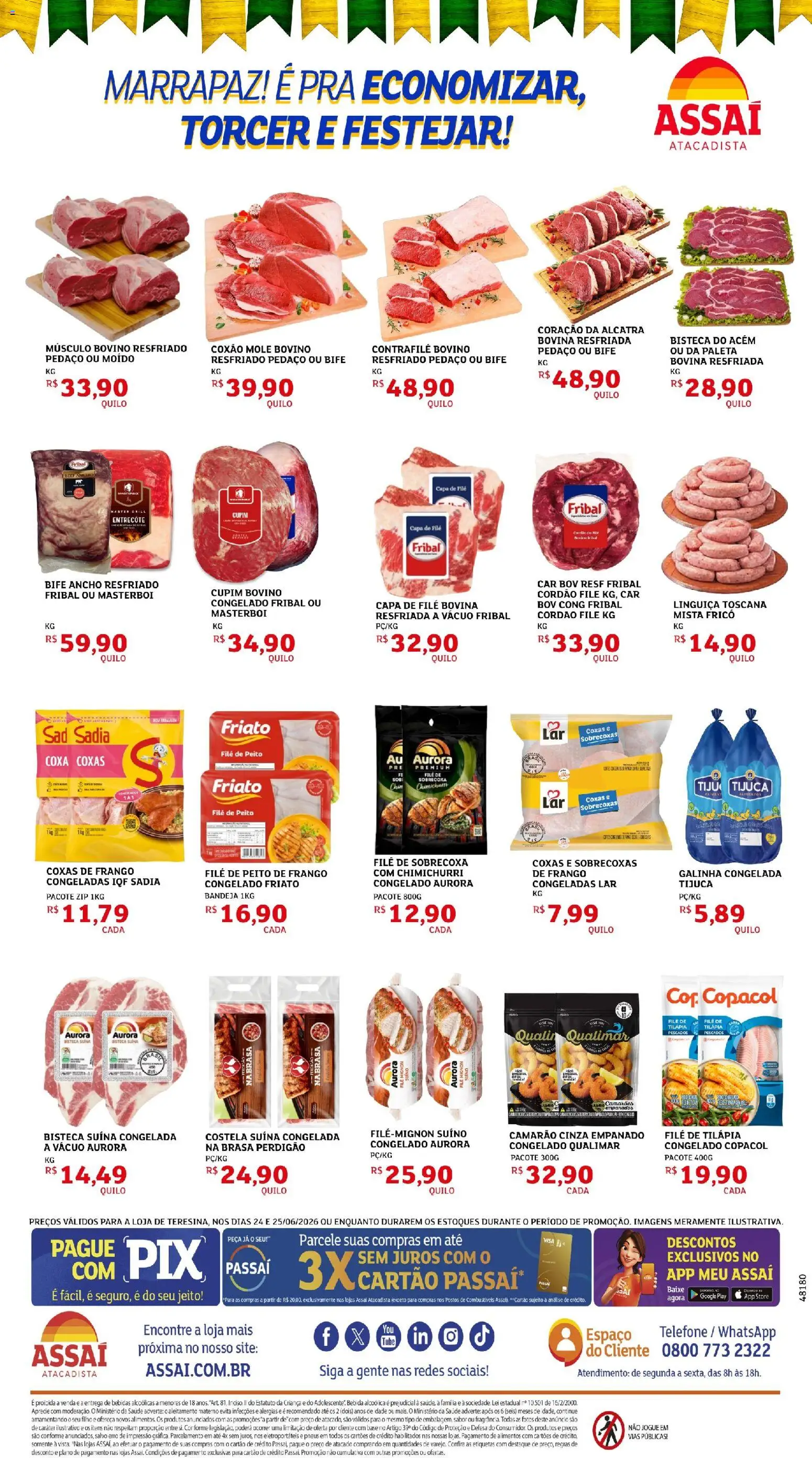 Assaí Atacadista Folheto - válido de 24/06/2026 | Página: 2 | Produtos: Linguiça, Alcatra, Friato, Base