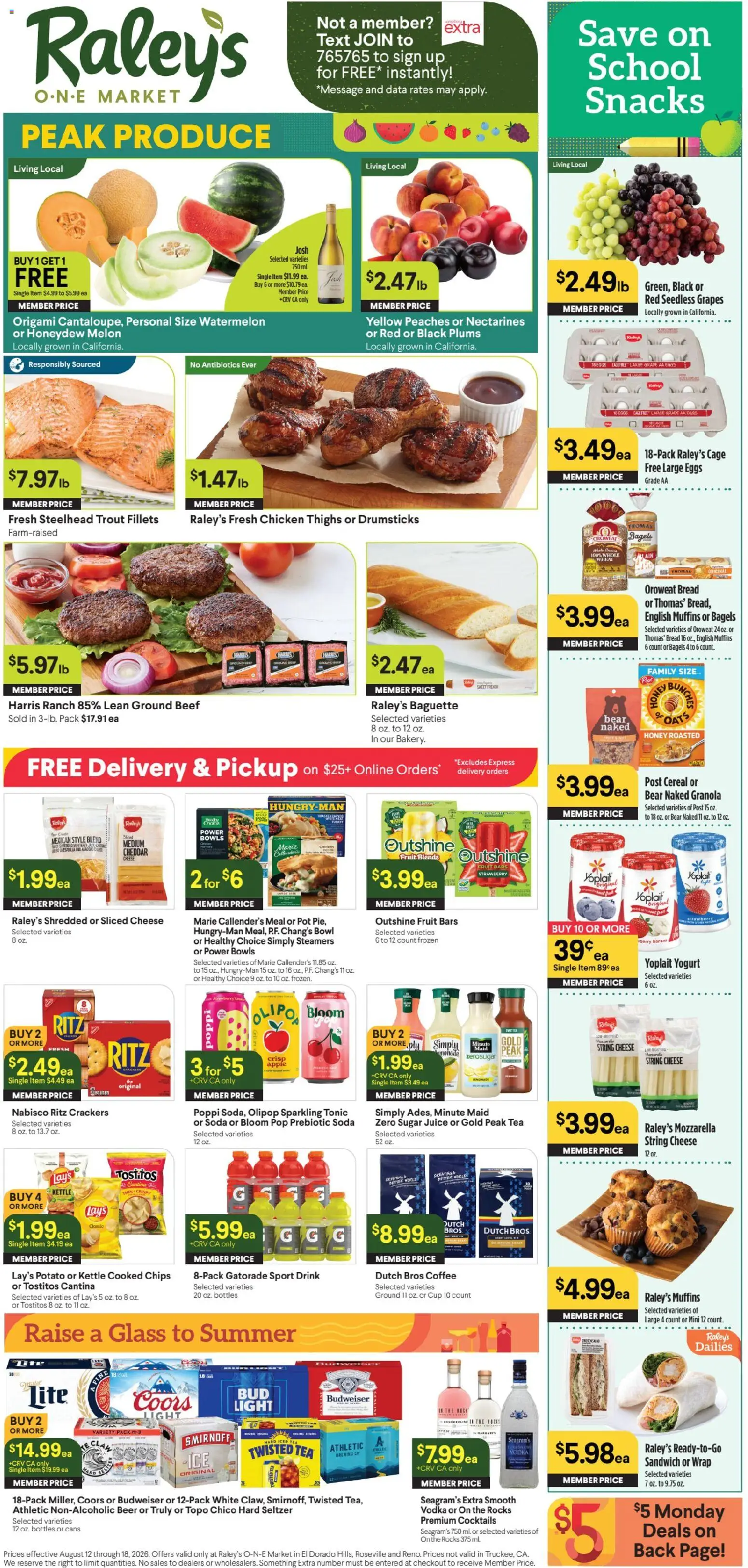 Raley's Ad - valid from 08/12/2026 | Page: 1 | Products: Cheese, Ground beef, Melon, Cocktails