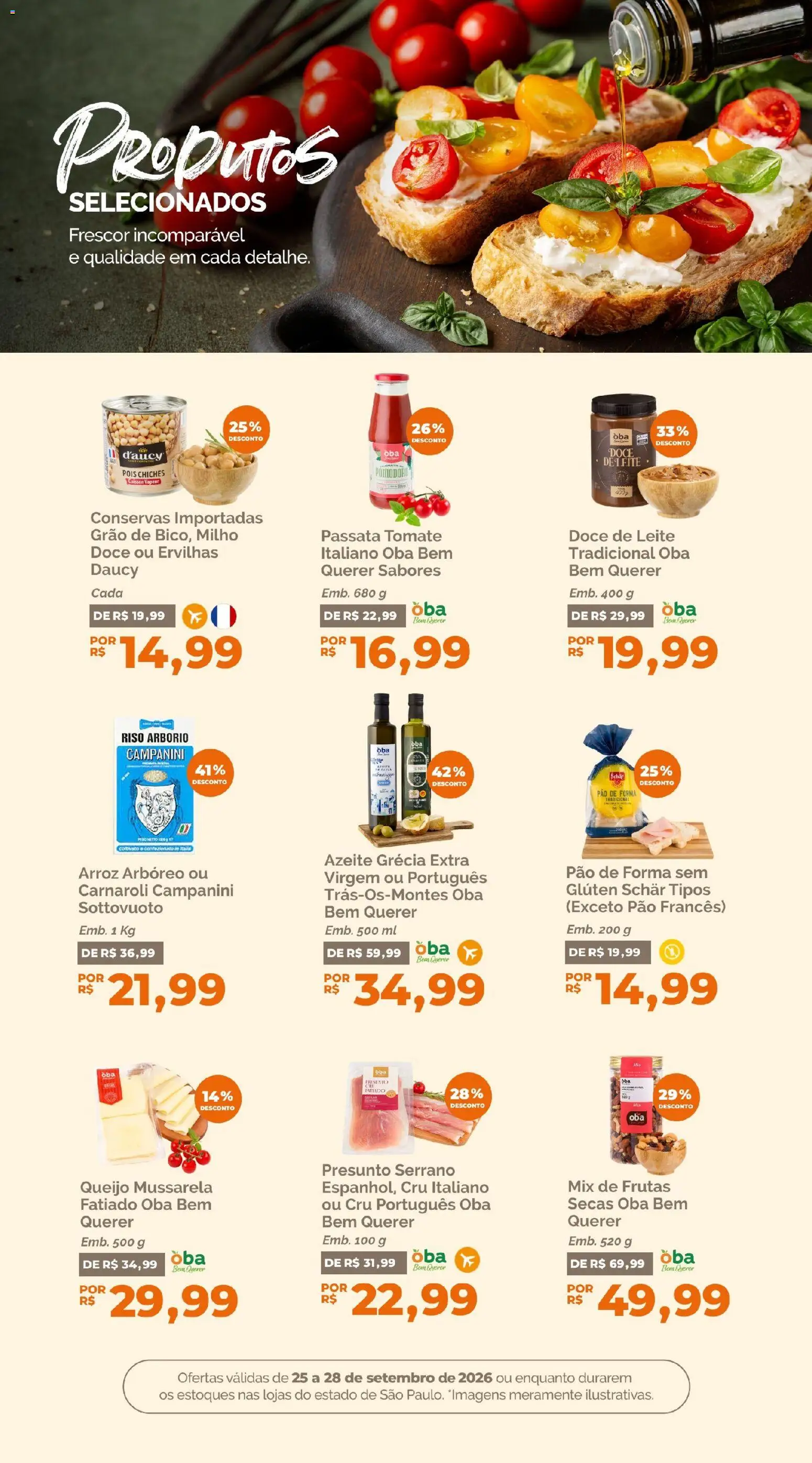 Oba Hortifruti Folheto - válido de 25/09/2026 | Página: 9 | Produtos: Leite, Pão, Azeite, Mussarela