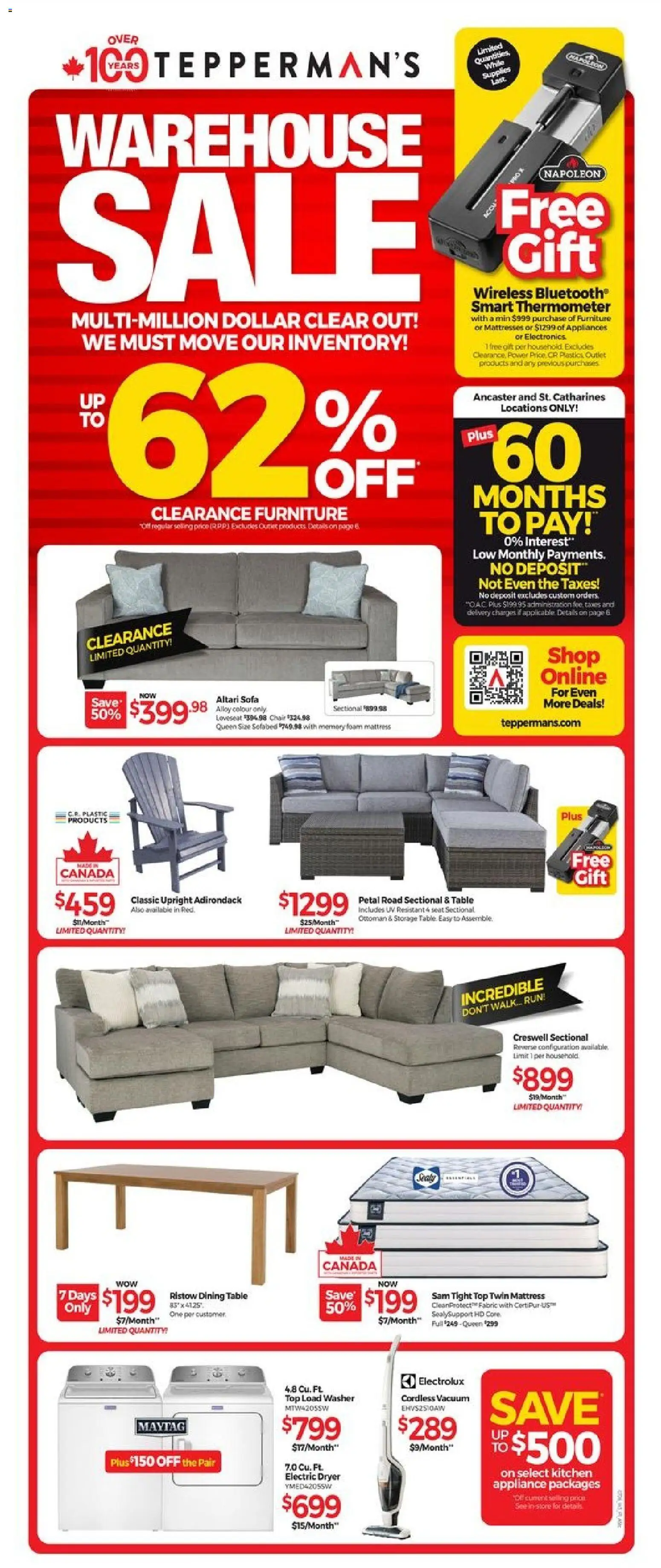 Tepperman's flyer valid from Jul 17, 2026 | Page: 1 | Products: Mattresses, Sofa, Table, Chair