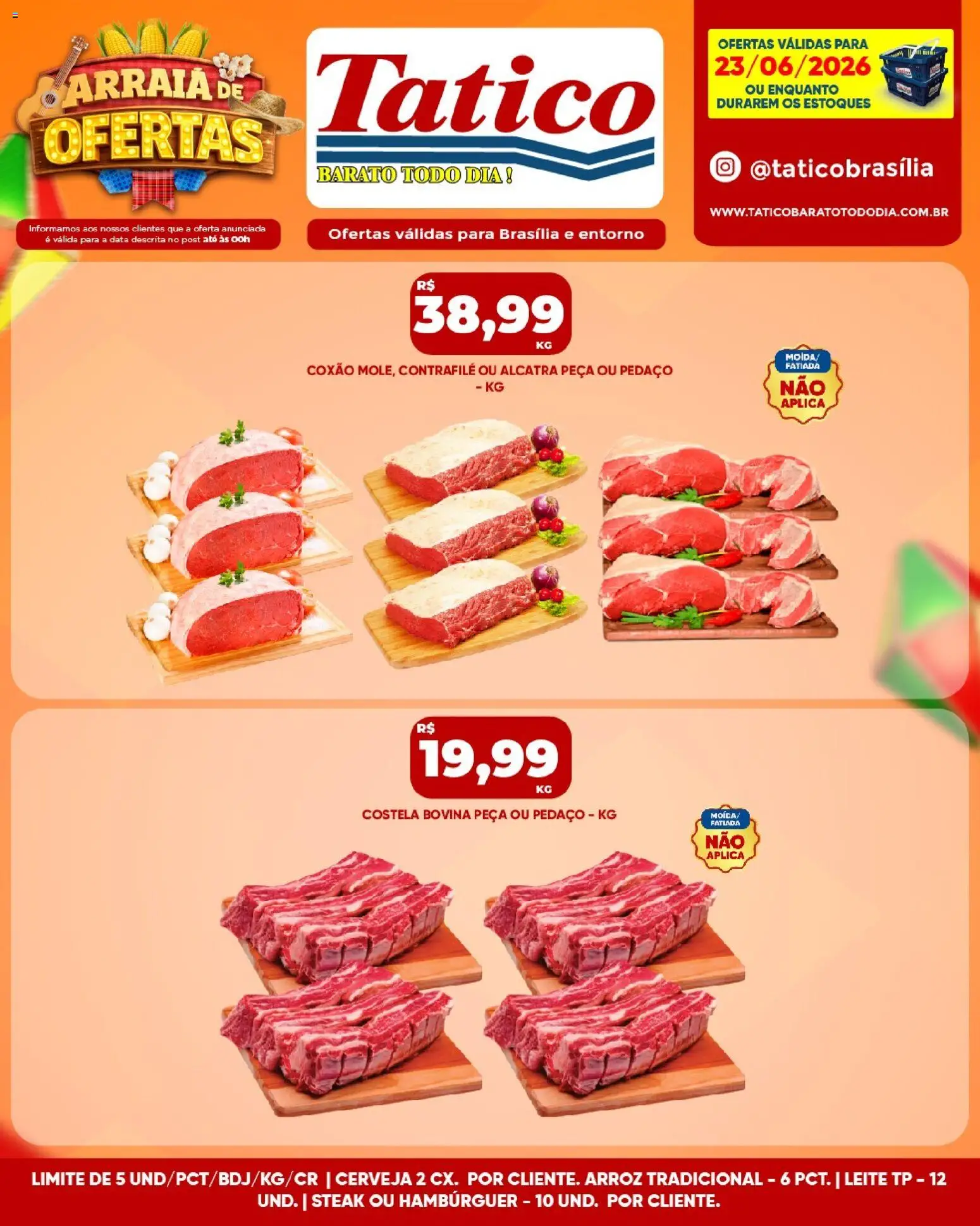 Tatico Folheto - válido de 23/06/2026 | Página: 13 | Produtos: Alcatra, Cerveja, Arroz, Hambúrguer