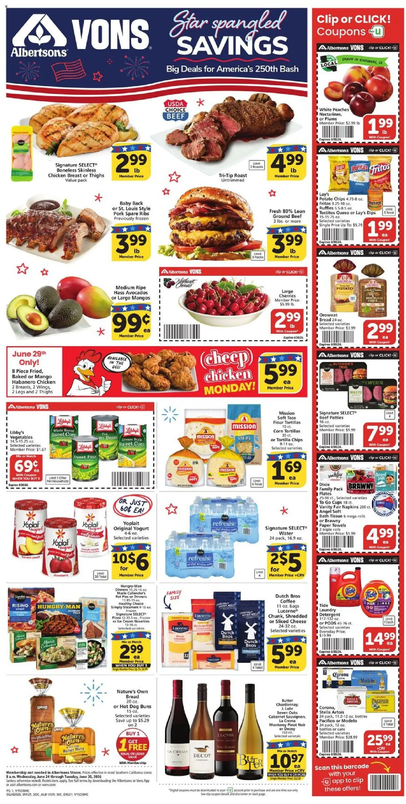 Vons Weekly Ad - valid from 06/24/2026 | Page: 1 | Products: Corn, Cherries, Peaches, Mango