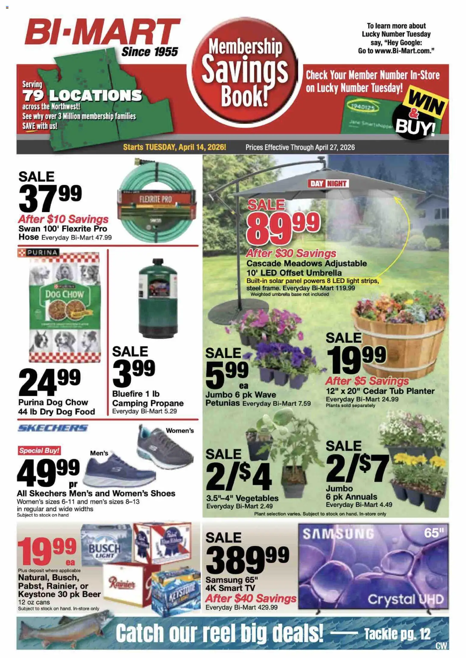 Bi-Mart Membership Savings Book - valid from 14.04.2026 | Page: 1 | Products: Dog Food, Beer, Vegetables, Tv
