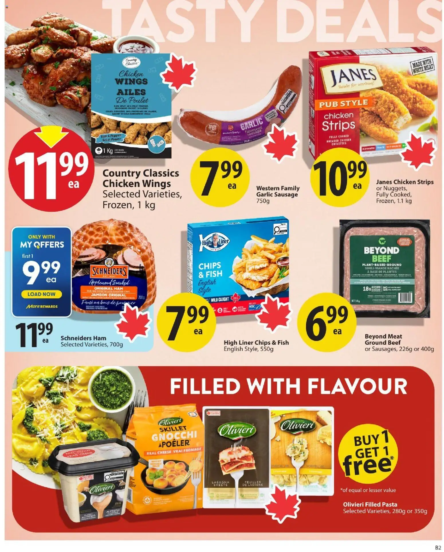 Save on foods flyer valid from Aug 27, 2026 | Page: 12 | Products: Pasta, Sausage, Strips, Lasagne