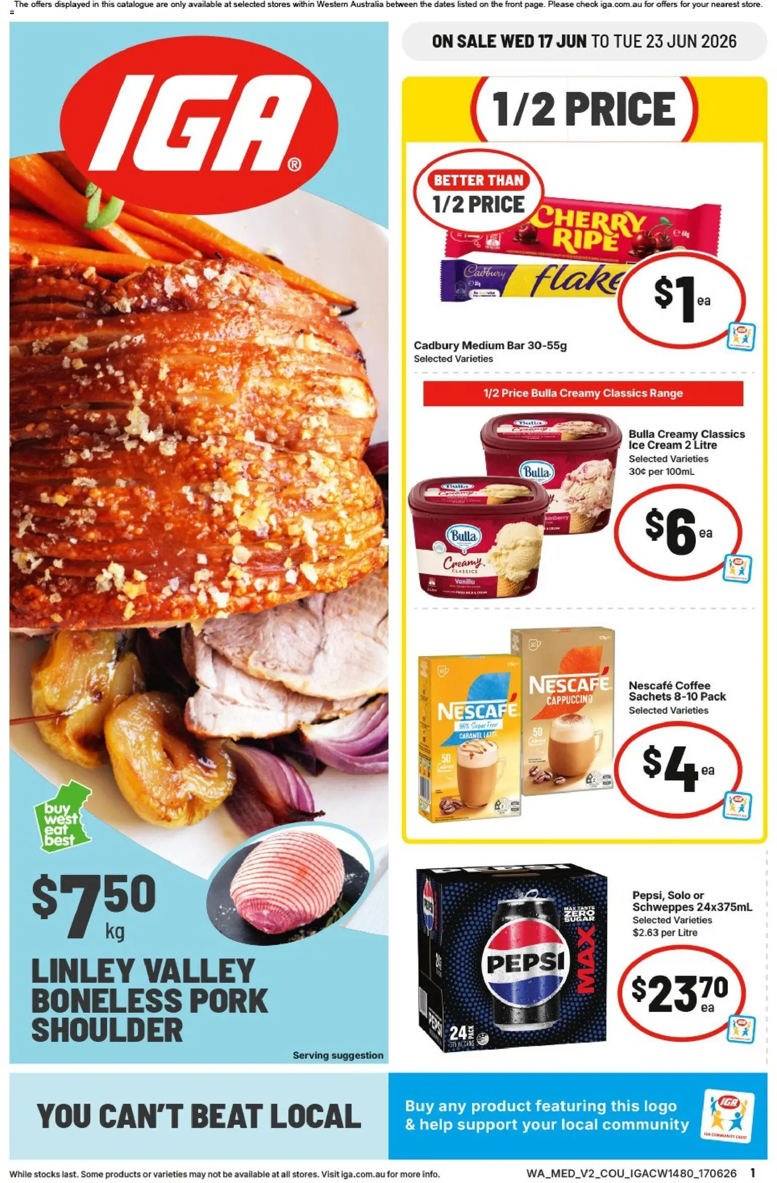 IGA catalogue - valid from 17.06.2026 | Page: 1 | Products: Pork, Pepsi, Cream, Sugar