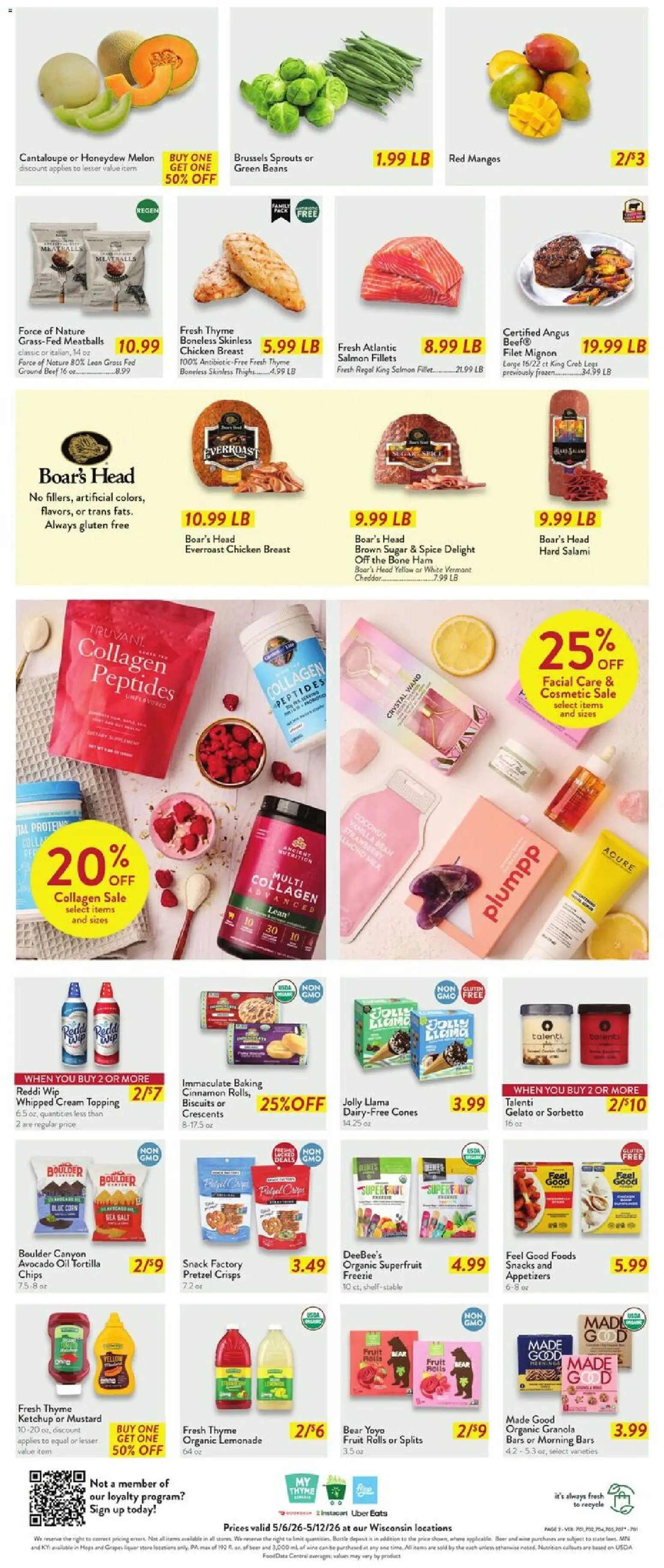 Fresh Thyme Weekly Ad - WI - valid from 06.05.2026 | Page: 4 | Products: Brussels Sprouts, Salami, Chips, Grapes