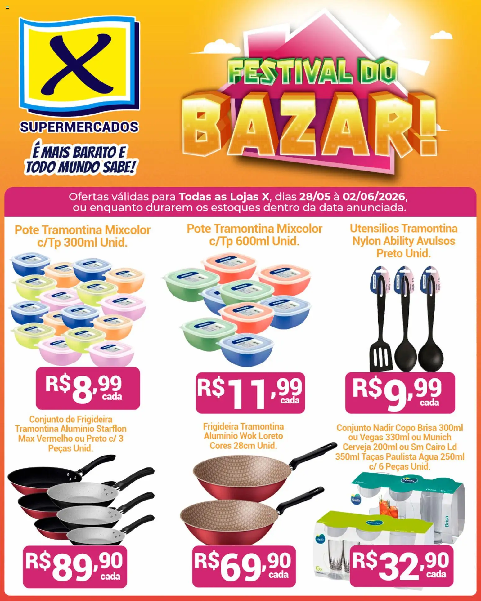 X Supermercados Folheto - válido de 28.05.2026 | Página: 1 | Produtos: Frigideira, Taças, Cerveja