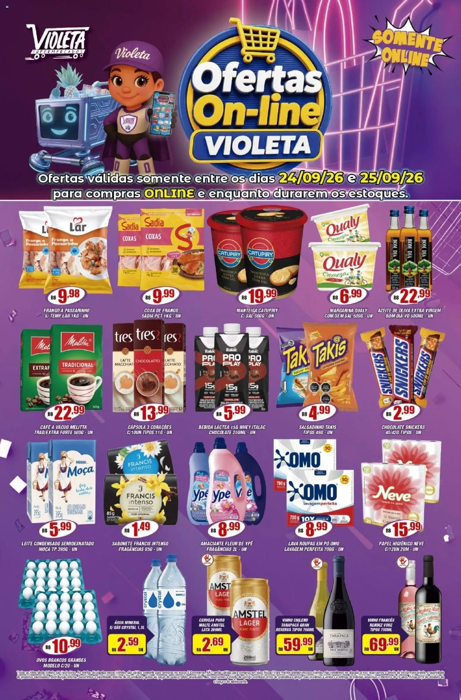 Violeta Supermercados Folheto - válido de 24/09/2026 | Página: 1 | Produtos: Cerveja, Água, Frango, Leite condensado