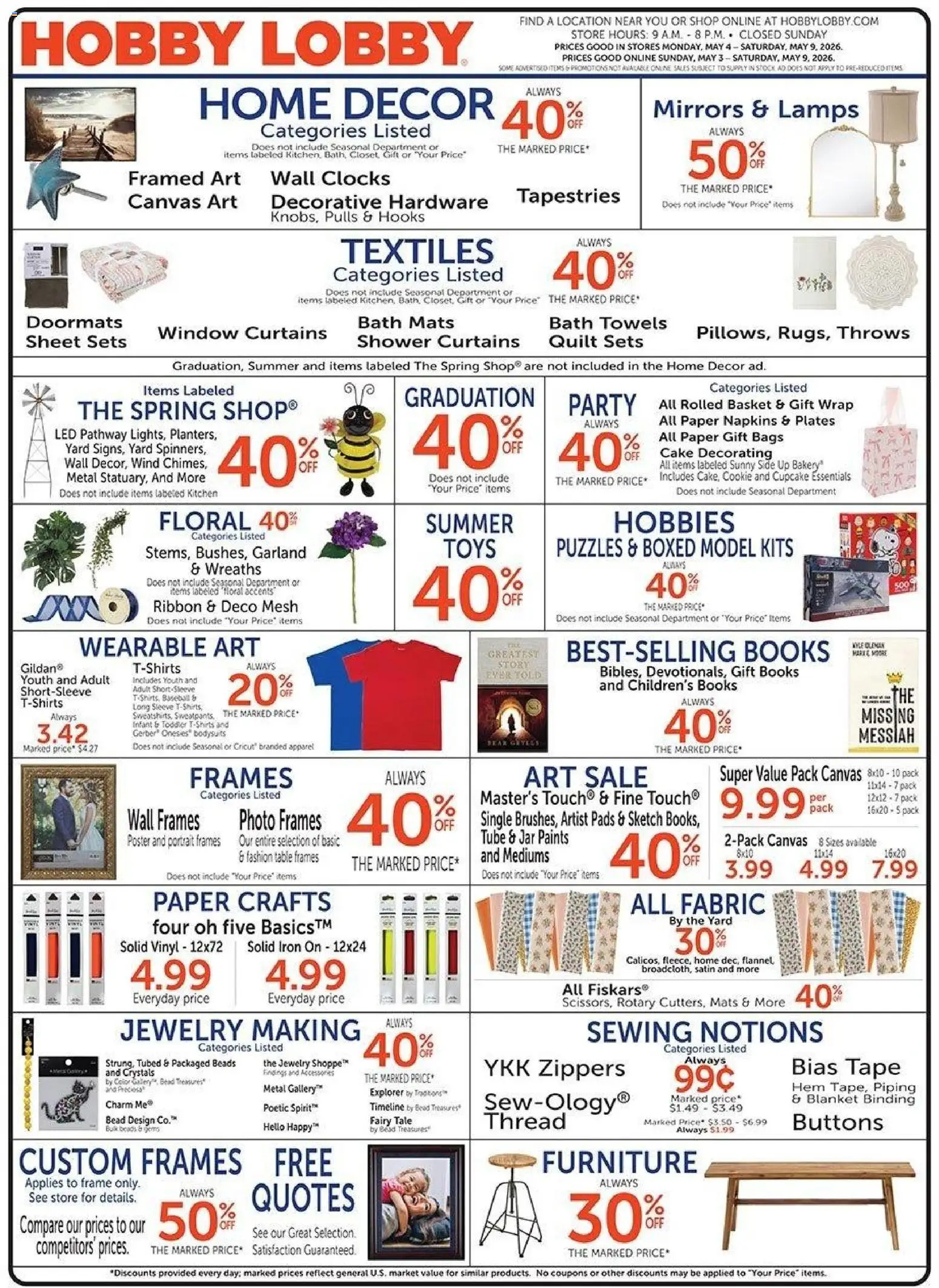 Hobby Lobby Weekly Ad - valid from 03.05.2026 | Page: 1 | Products: Table, Canvas, Cupcake, Quilt