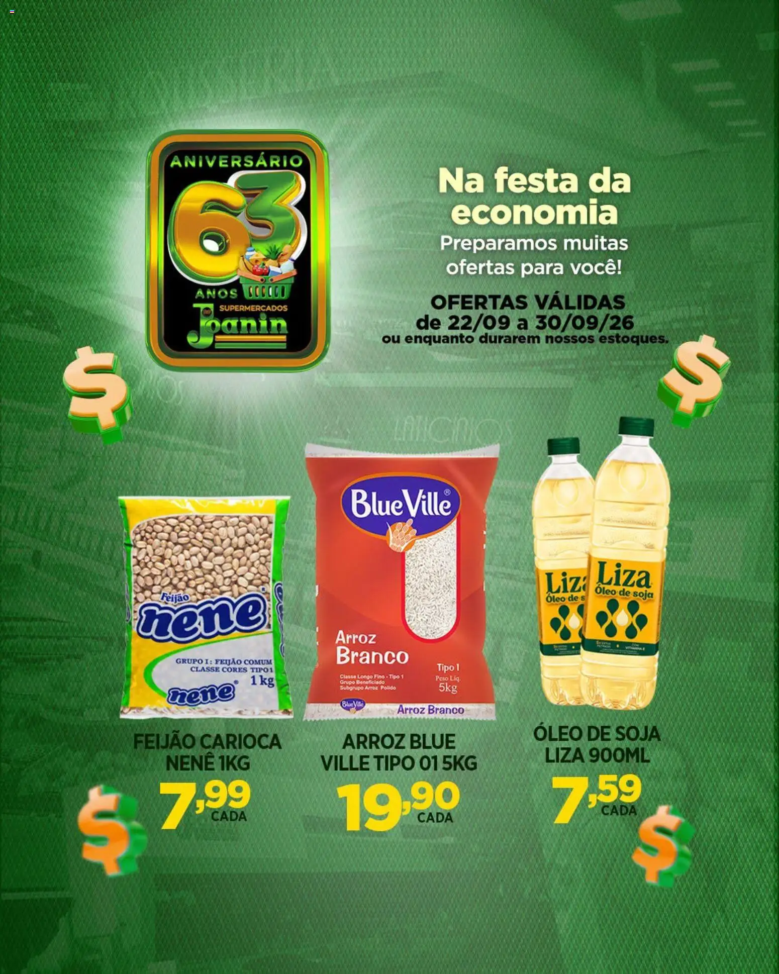 Supermercados Joanin Folheto - válido de 22/09/2026 | Página: 1 | Produtos: Feijão, Óleo, Arroz, Soja