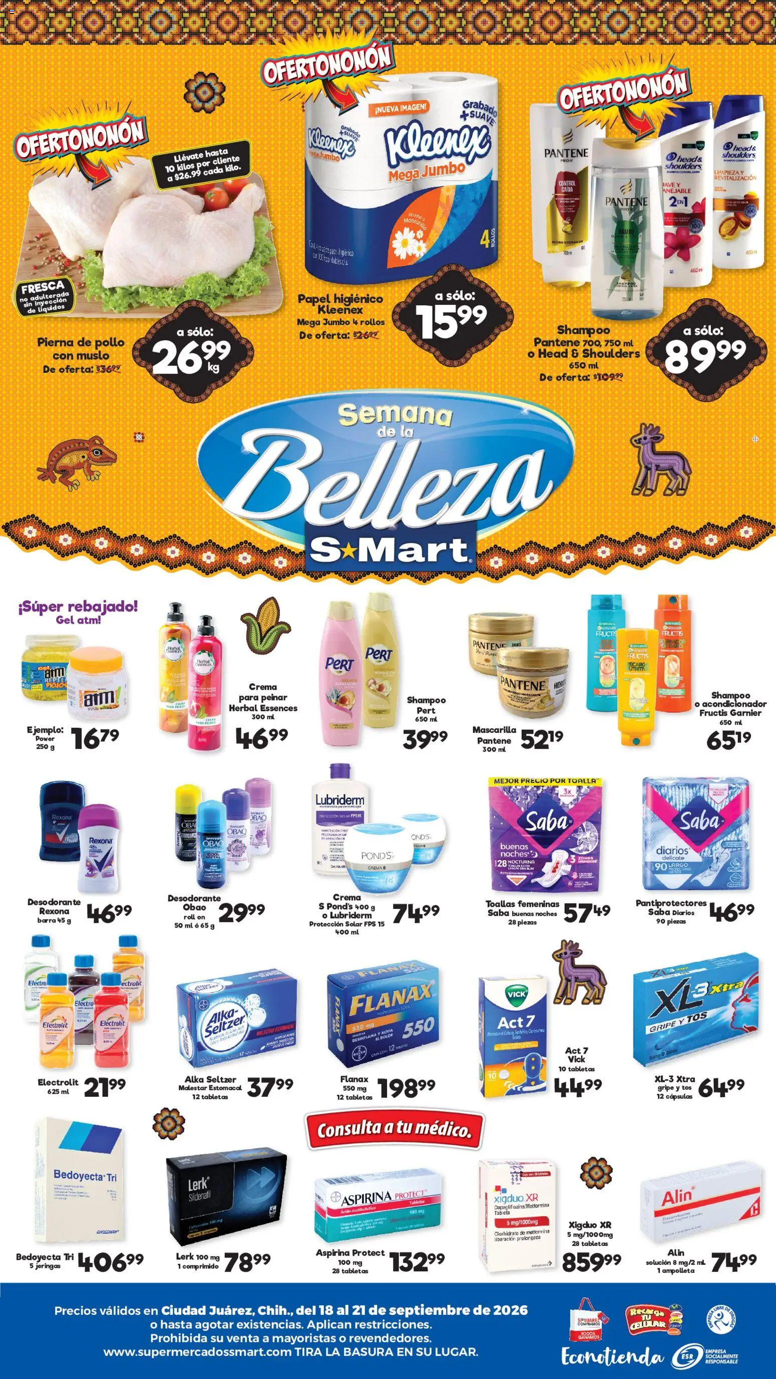 Nuevas ofertas de S-Mart válidas en toda la República Mexicana desde el 18/09/2026. ¡Encuentra las mejores ofertas en S-Mart folleto Ofertas de feria Juárez! | Página: 2 | Productos: Pollo, Barra, Mascarilla, Tableta