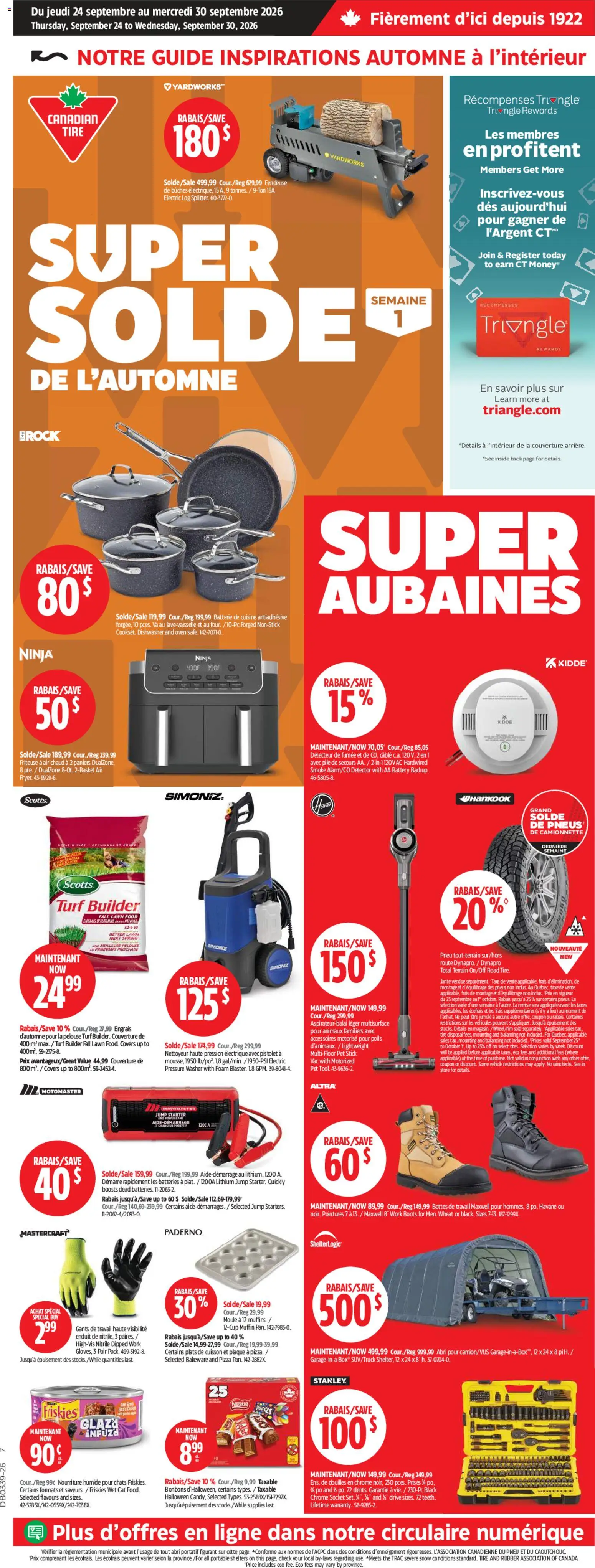 Canadian Tire flyer valid from Sep 24, 2026 | Page: 1 | Products: Boots, Batteries, Battery, Pizza