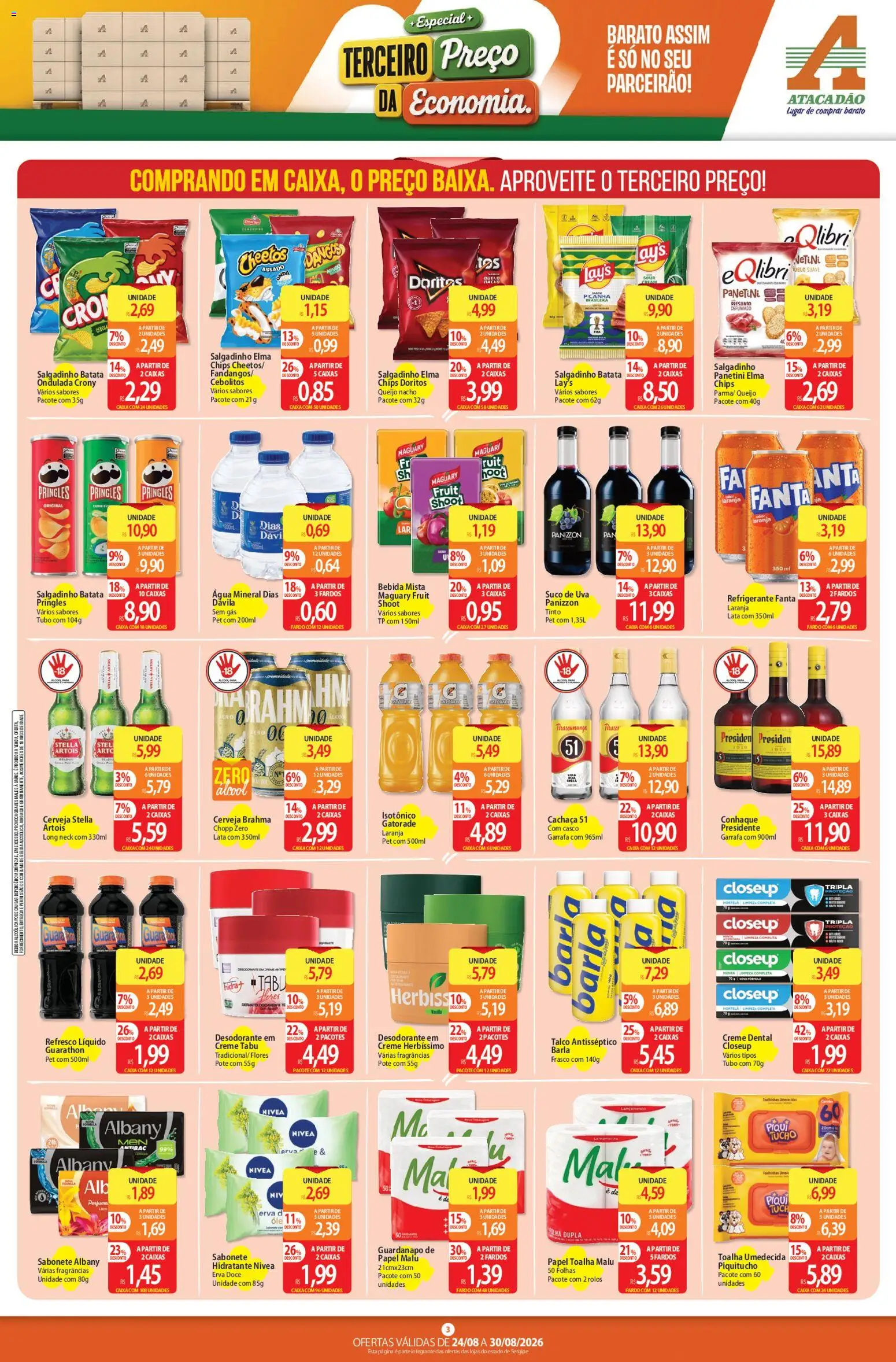 Atacadão Folheto - válido de 24/08/2026 | Página: 3 | Produtos: Picanha, Cerveja, Creme, Bebida