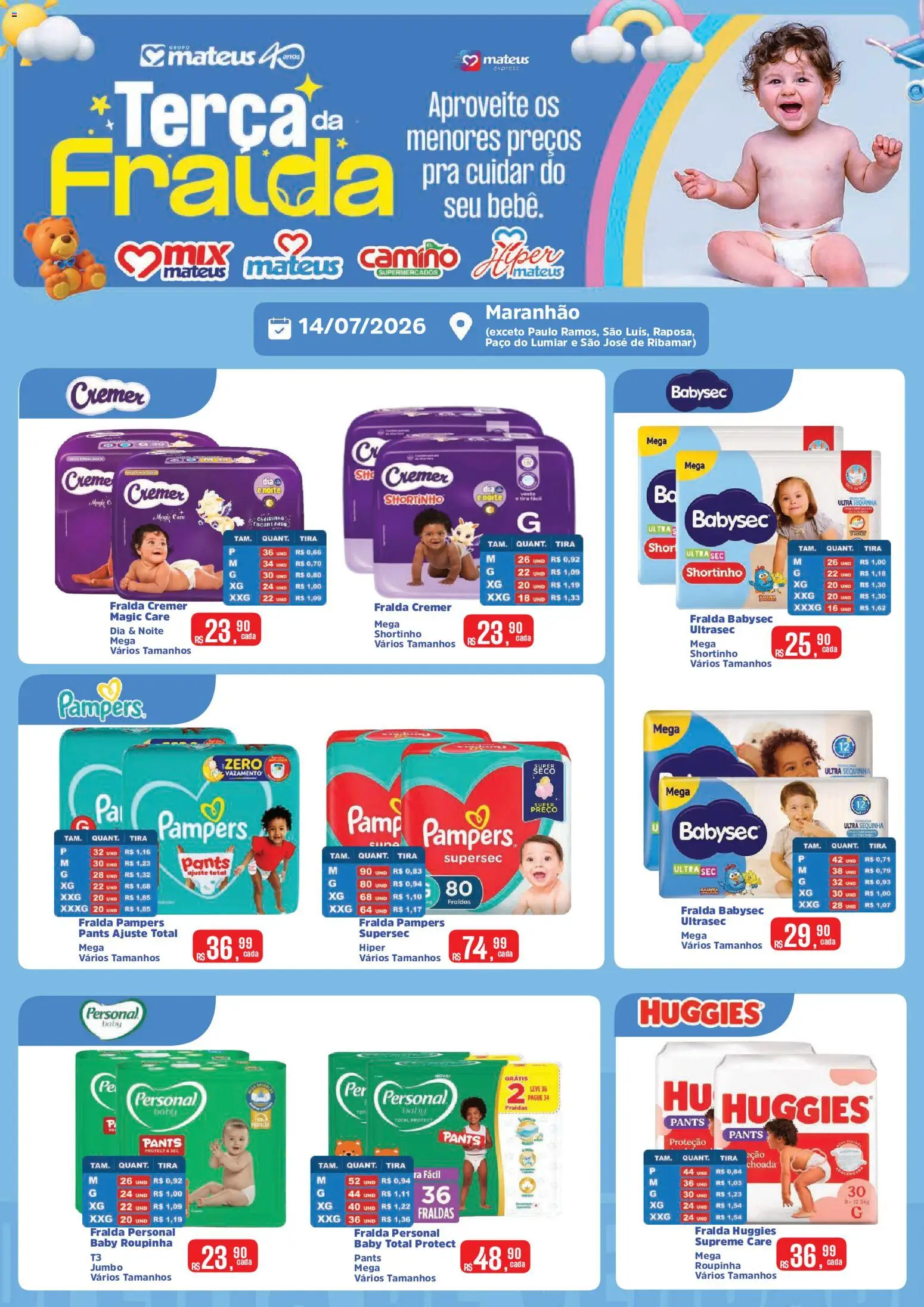 Mateus Folheto - válido de 14/07/2026 | Página: 1 | Produtos: Fralda pampers, Pampers, Creme, Fraldas