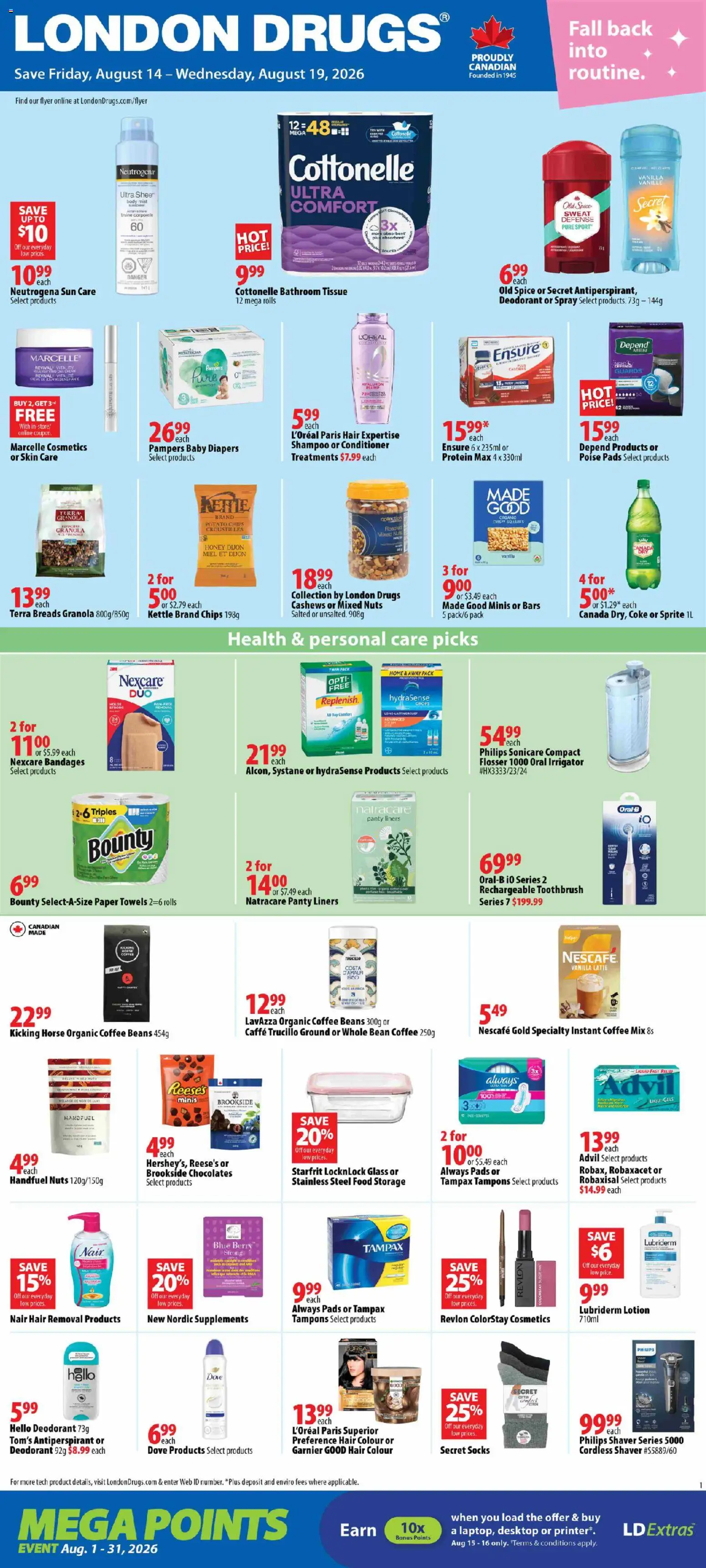 London Drugs flyer valid from Aug 14, 2026 | Page: 1 | Products: Sprite, Antiperspirant, Beans, Socks
