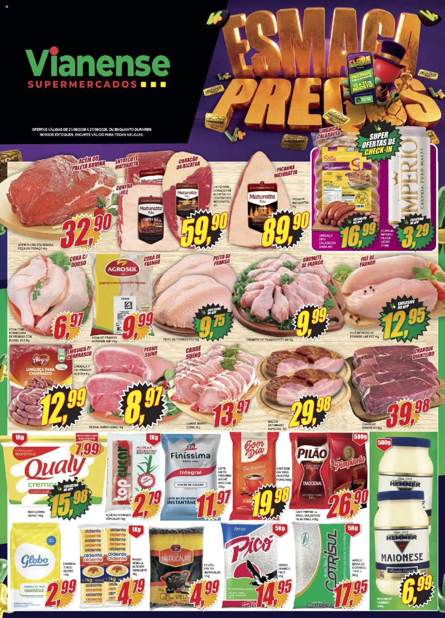 Vianense Folheto - válido de 21/08/2026 | Página: 1 | Produtos: Linguiça, Cerveja, Bacon, Margarina