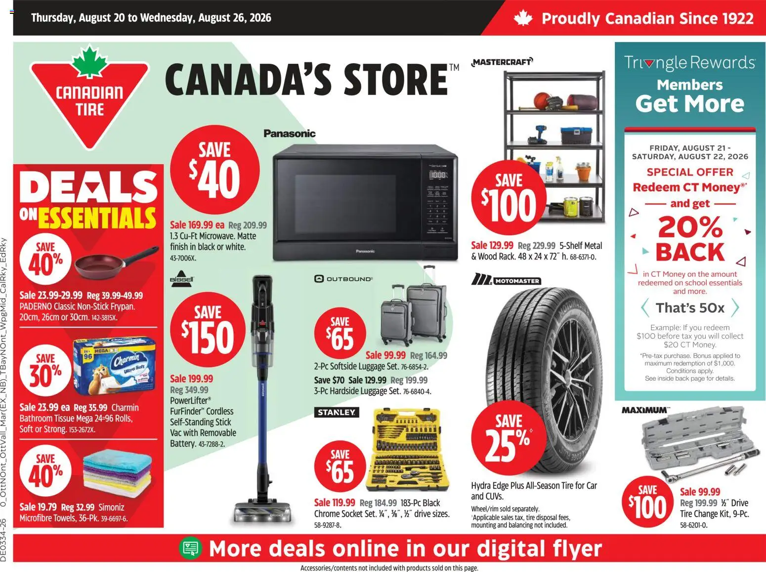 Canadian Tire flyer valid from Aug 20, 2026 | Page: 1 | Products: Luggage, Socket
