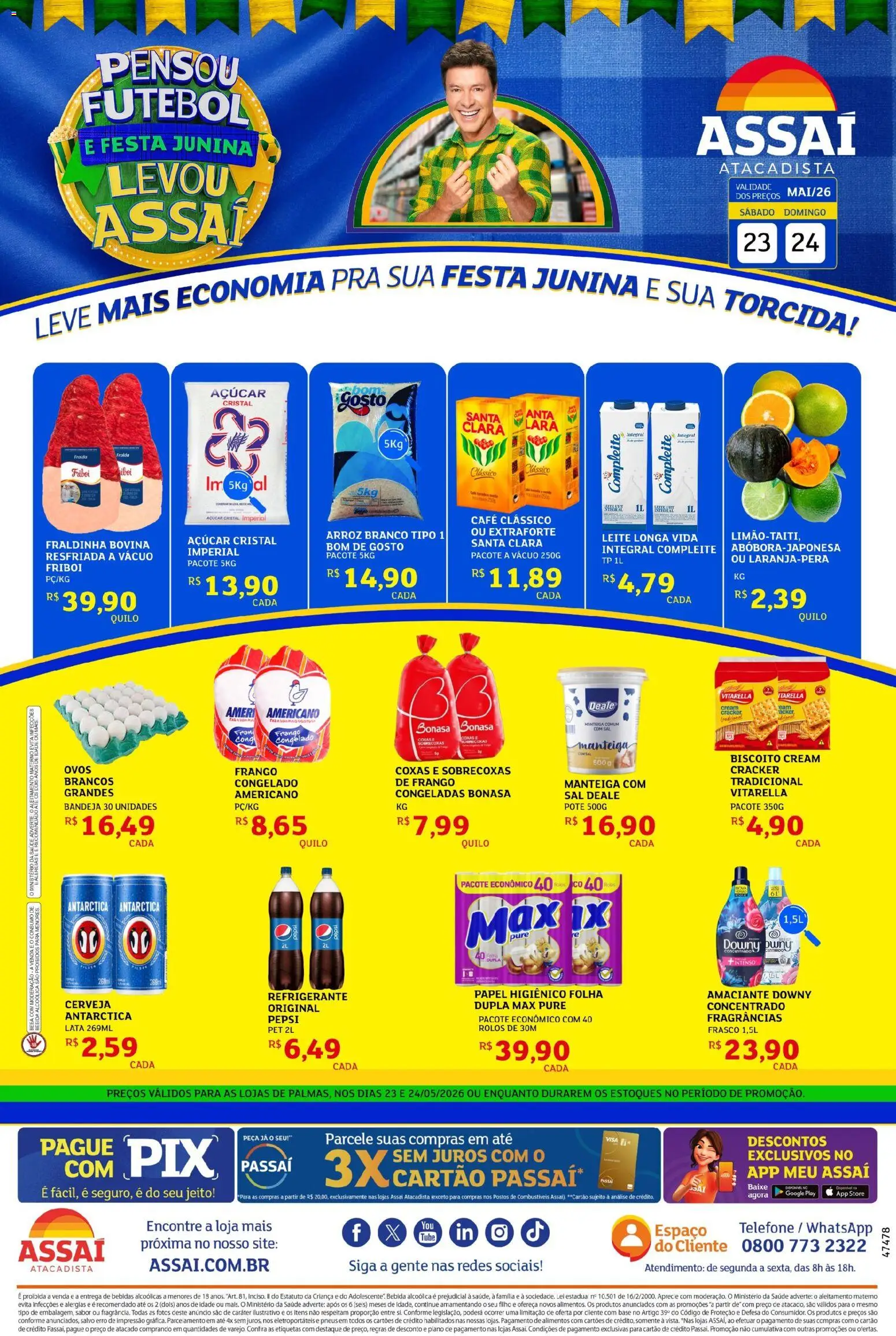 Assaí Atacadista Folheto - válido de 23.05.2026 | Página: 1 | Produtos: Amaciante downy, Fraldinha, Arroz, Sal