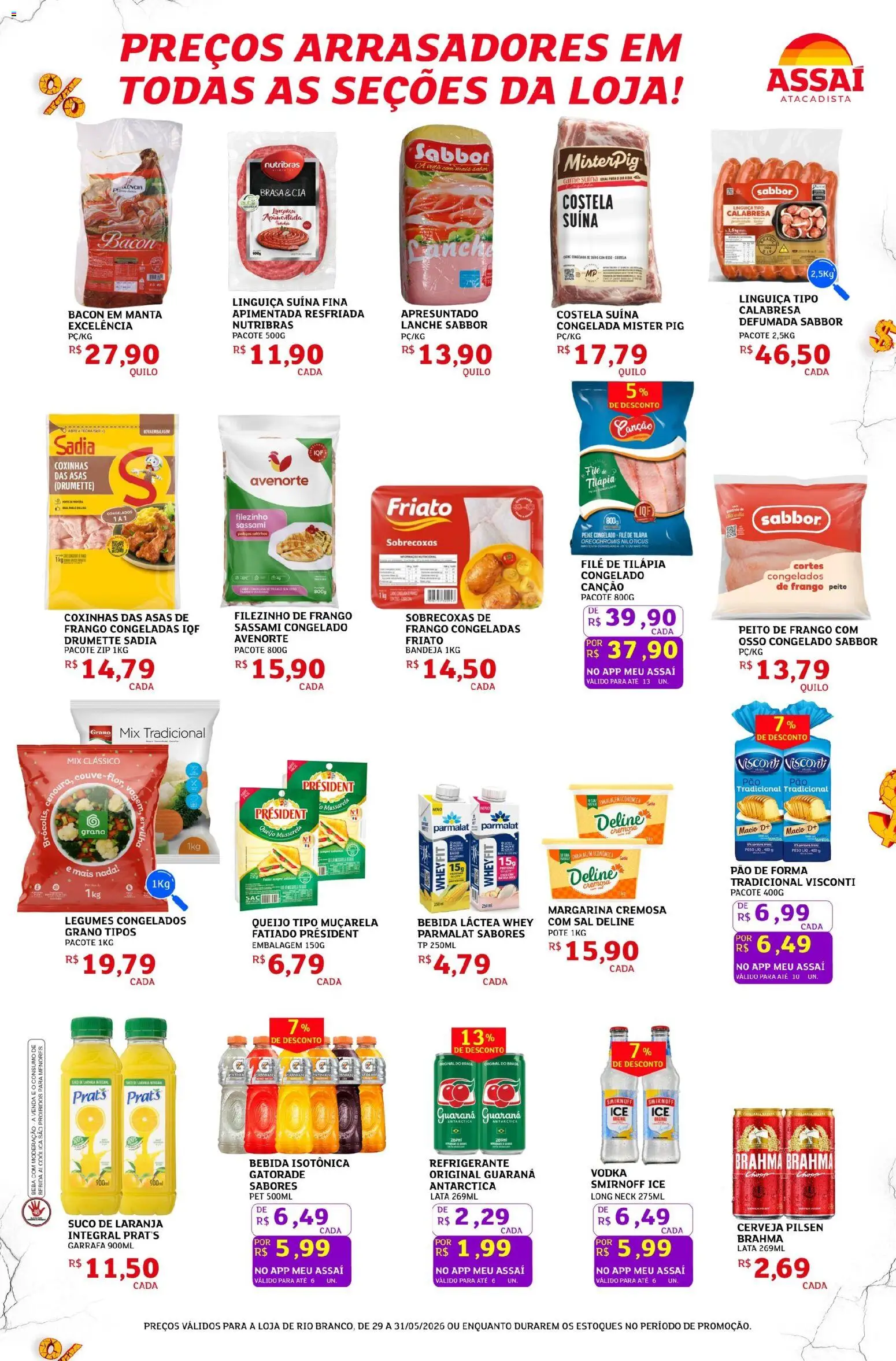 Assaí Atacadista Folheto - válido de 29.05.2026 | Página: 3 | Produtos: Linguiça, Cerveja, Filé de tilápia, Mussarela