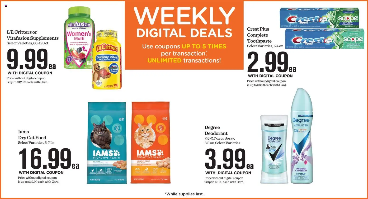 Mariano's Weekly Ad - valid from 07/15/2026 | Page: 5 | Products: Multivitamin, Cat Food, Deodorant, Toothpaste