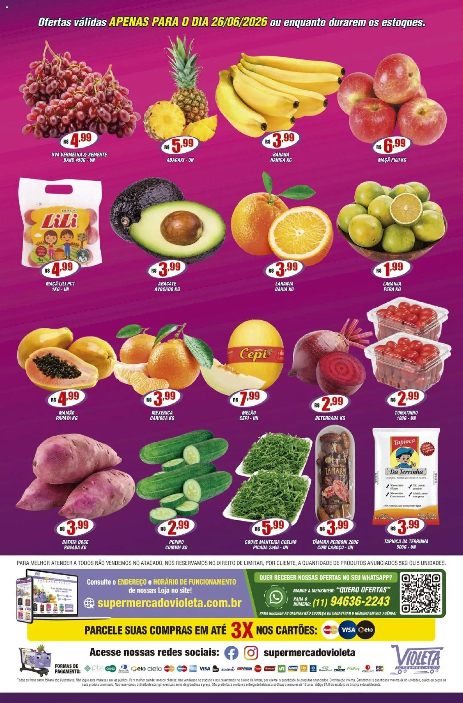 Violeta Supermercados Folheto - válido de 26/06/2026 | Página: 4 | Produtos: Mexerica, Pera, Beterraba, Tapioca