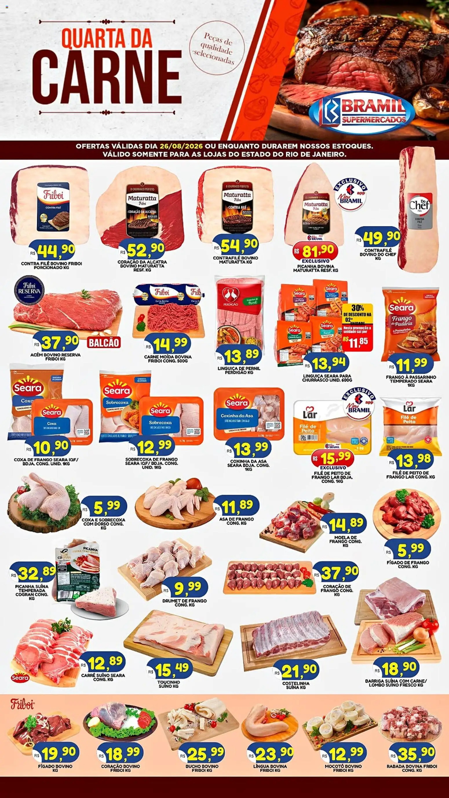 Bramil Supermercados Folheto - válido de 26/08/2026 | Página: 1 | Produtos: Carne moída bovina, Linguiça, Contra filé, Pernil